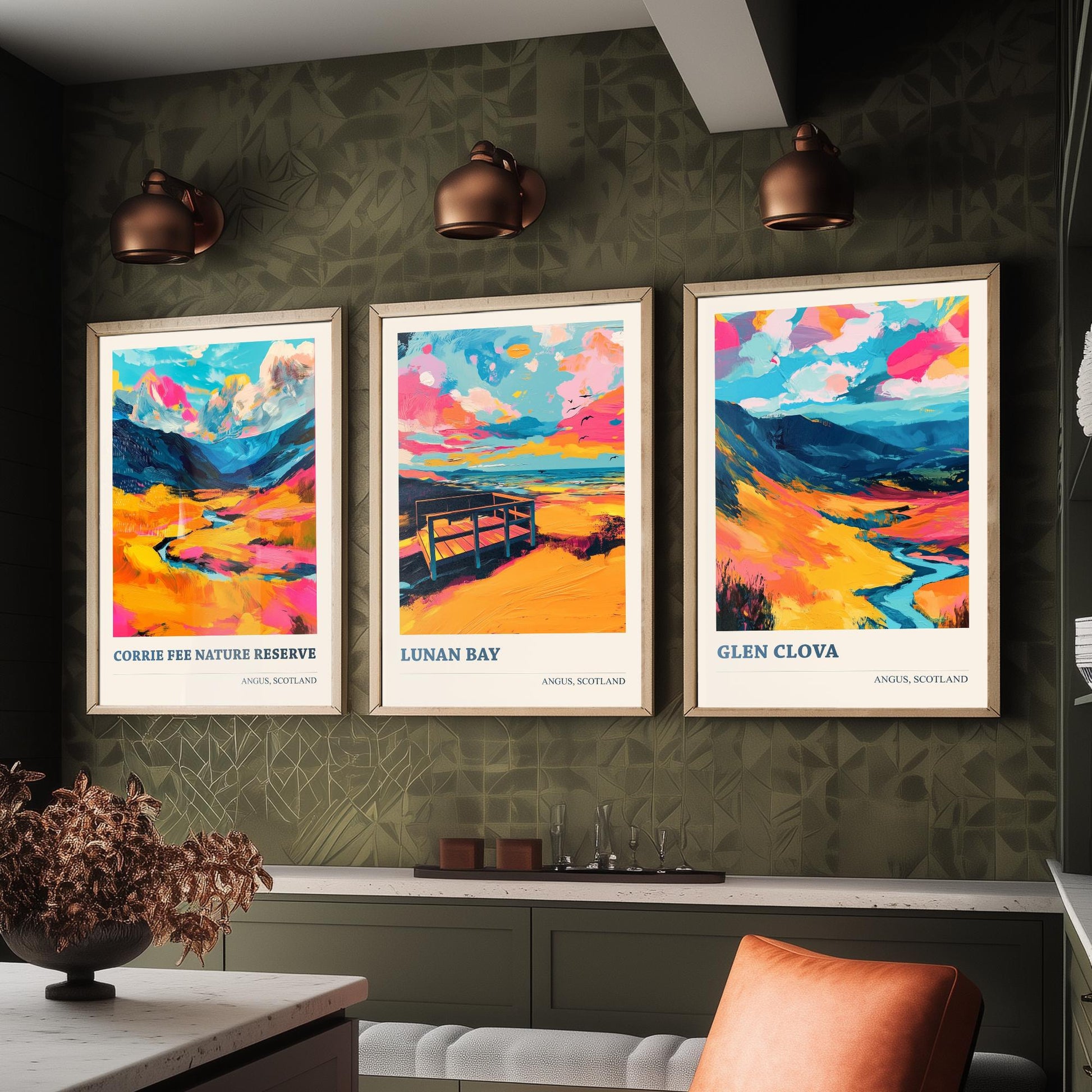 Angus Scotland Set of Three Prints | Corrie Fee Nature Reserve Lunan Bay Glen Clova | Colourful Scottish Wall Art Posters Painting