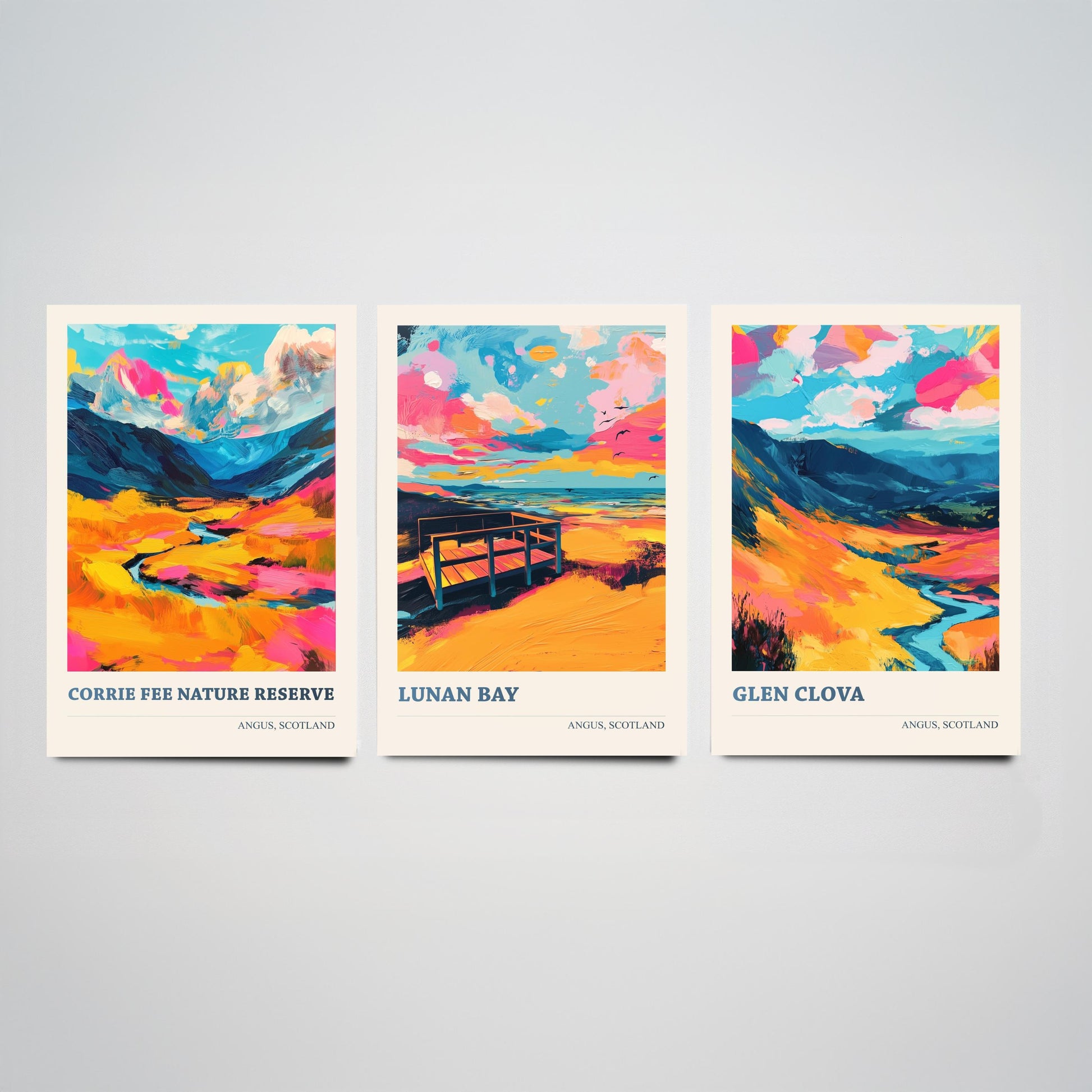 Angus Scotland Set of Three Prints | Corrie Fee Nature Reserve Lunan Bay Glen Clova | Colourful Scottish Wall Art Posters Painting