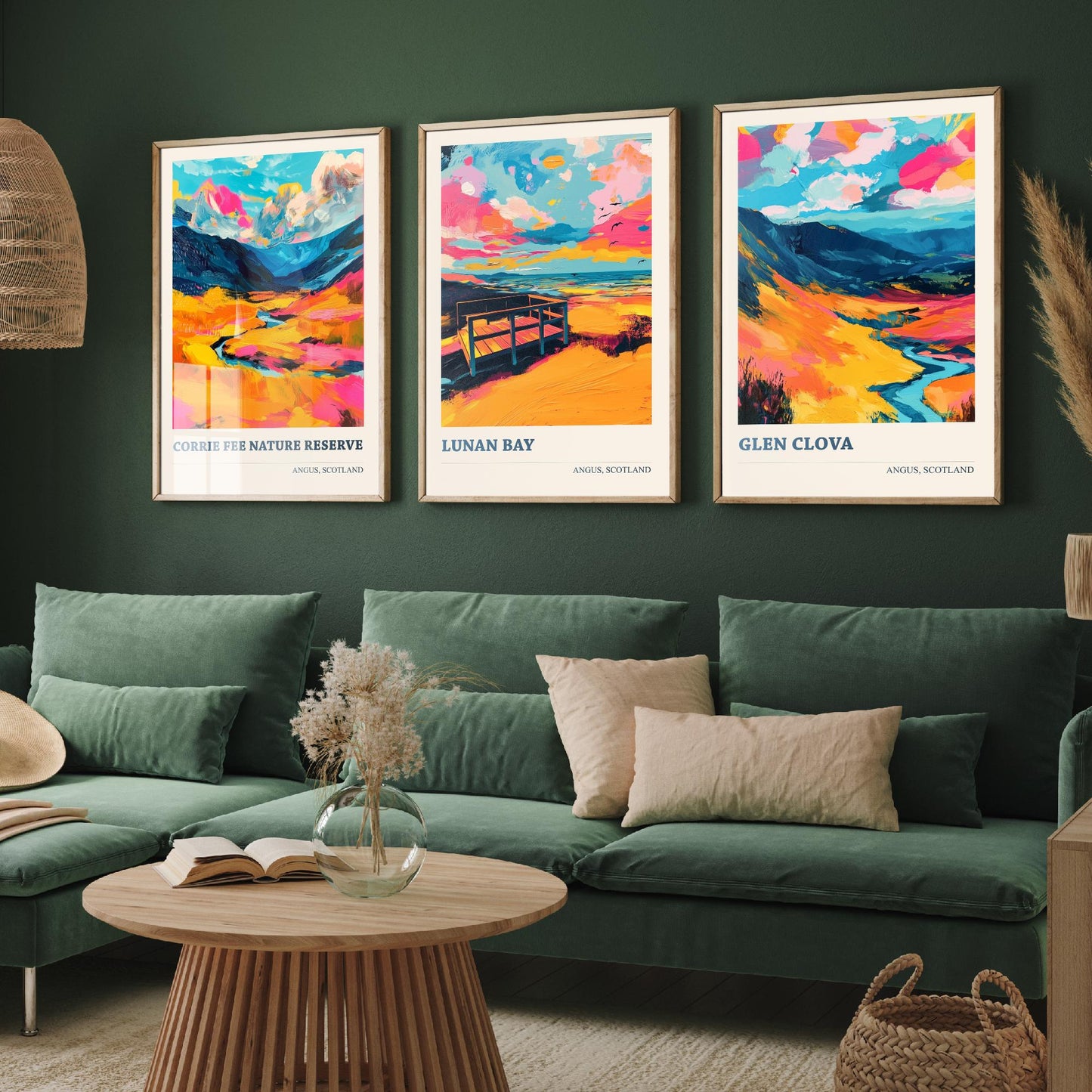 Angus Scotland Set of Three Prints | Corrie Fee Nature Reserve Lunan Bay Glen Clova | Colourful Scottish Wall Art Posters Painting