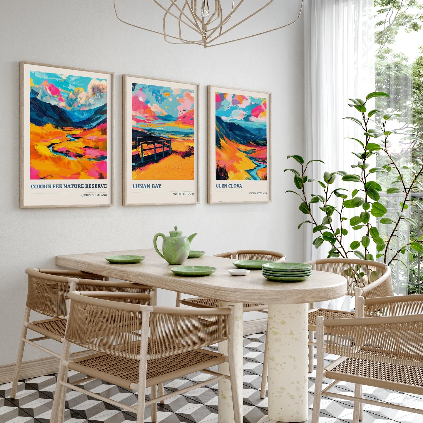 Angus Scotland Set of Three Prints | Corrie Fee Nature Reserve Lunan Bay Glen Clova | Colourful Scottish Wall Art Posters Painting
