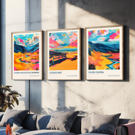 Angus Scotland Set of Three Prints | Corrie Fee Nature Reserve Lunan Bay Glen Clova | Colourful Scottish Wall Art Posters Painting