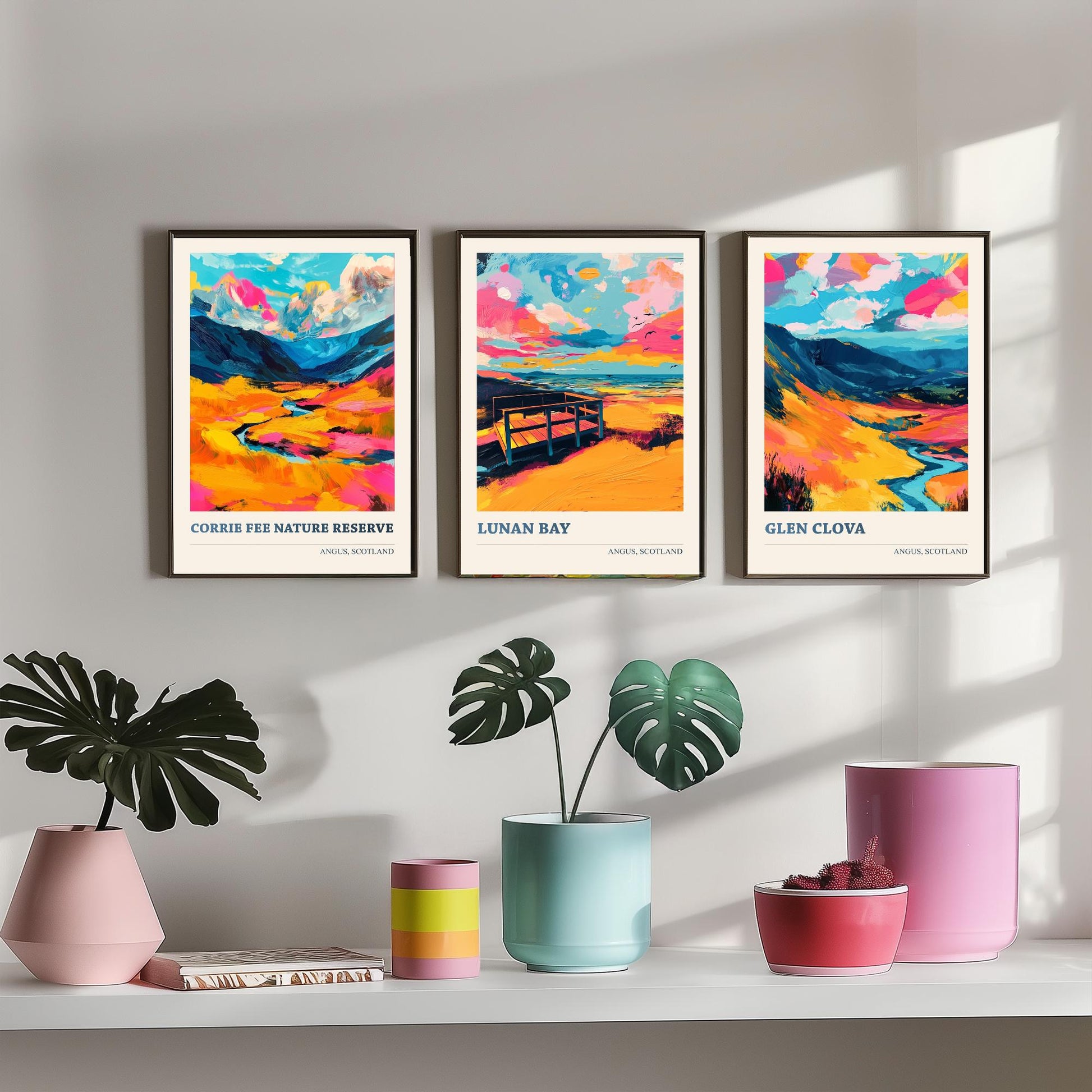 Angus Scotland Set of Three Prints | Corrie Fee Nature Reserve Lunan Bay Glen Clova | Colourful Scottish Wall Art Posters Painting