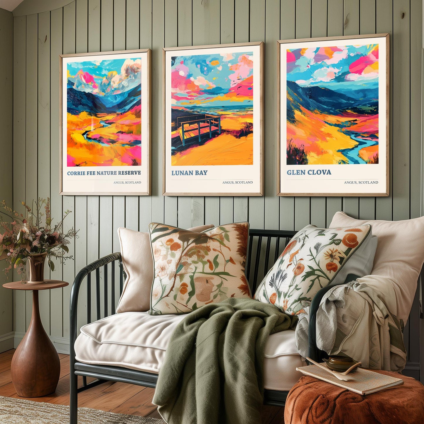 Angus Scotland Set of Three Prints | Corrie Fee Nature Reserve Lunan Bay Glen Clova | Colourful Scottish Wall Art Posters Painting