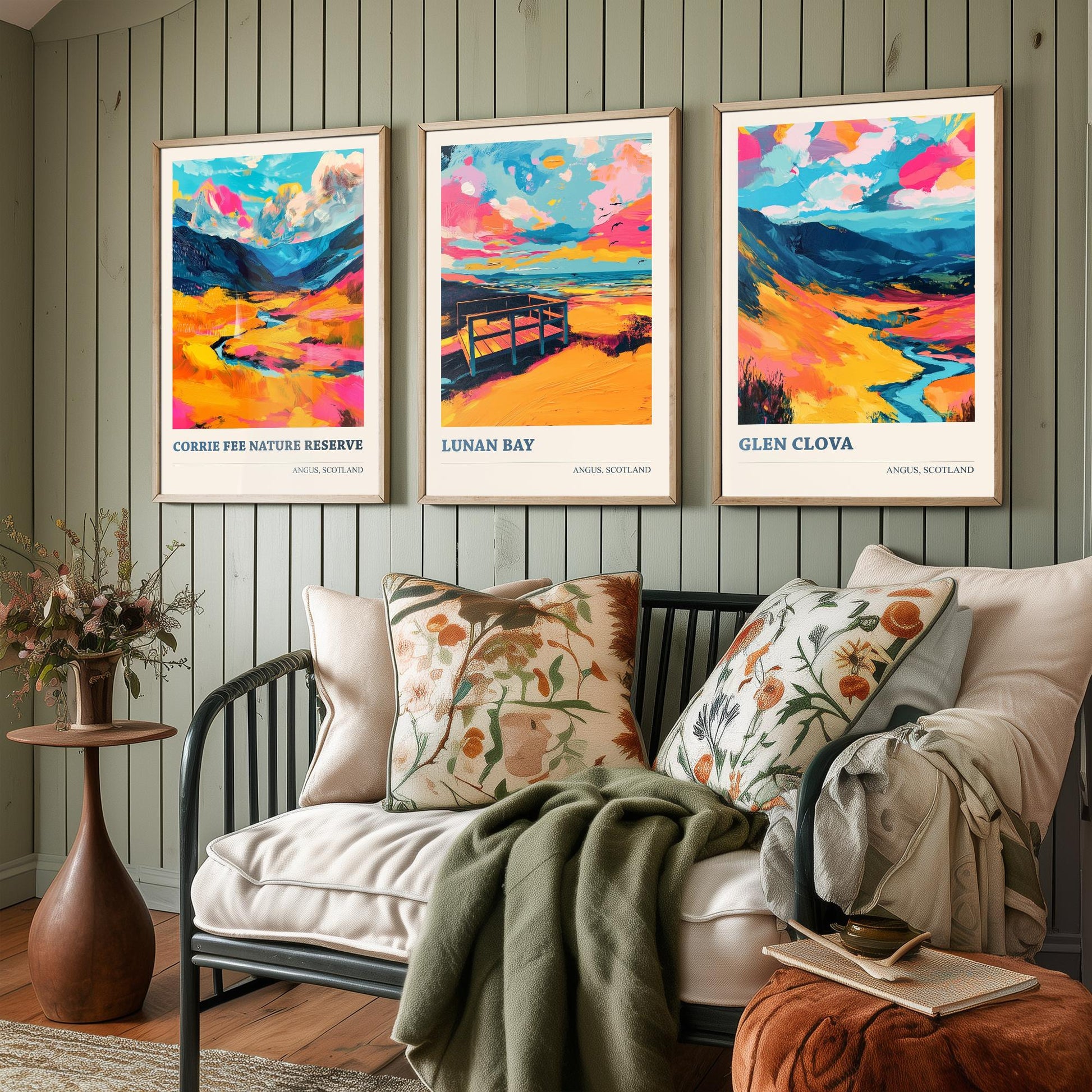 Angus Scotland Set of Three Prints | Corrie Fee Nature Reserve Lunan Bay Glen Clova | Colourful Scottish Wall Art Posters Painting