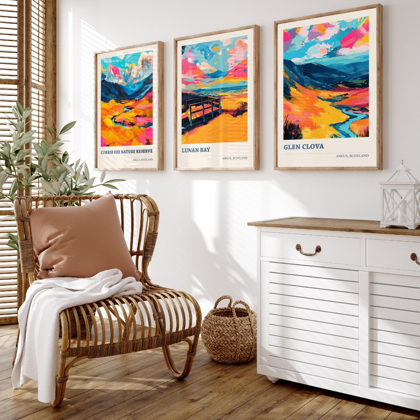 Angus Scotland Set of Three Prints | Corrie Fee Nature Reserve Lunan Bay Glen Clova | Colourful Scottish Wall Art Posters Painting