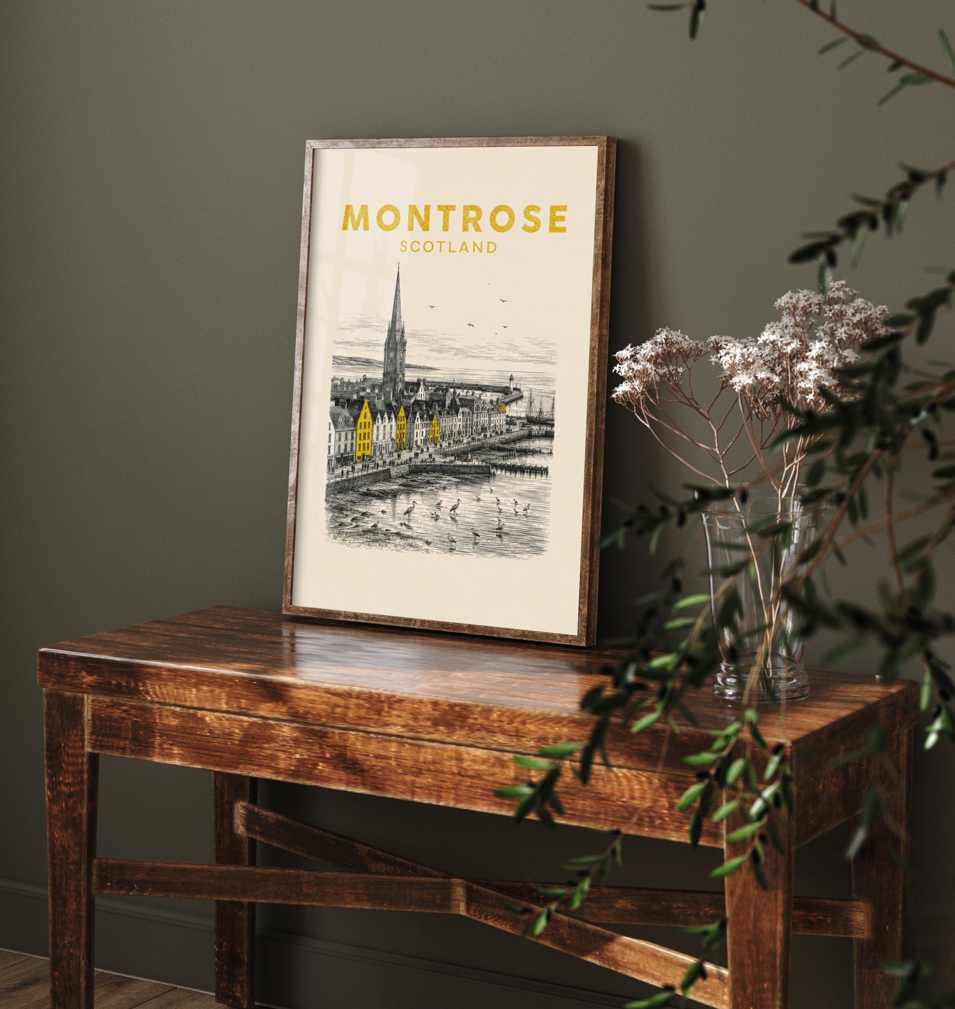 Montrose Scotland Travel Poster - Vintage Duotone Art Print - Engraved City Illustration - Steeple and Tidal Basin 1/3