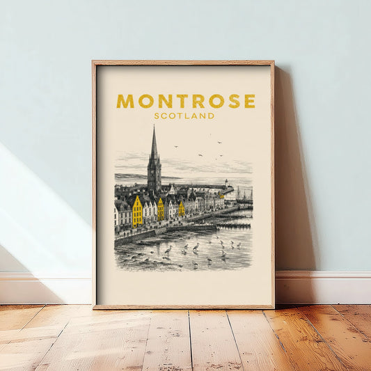 Montrose Scotland Travel Poster - Vintage Duotone Art Print - Engraved City Illustration - Steeple and Tidal Basin 1/3