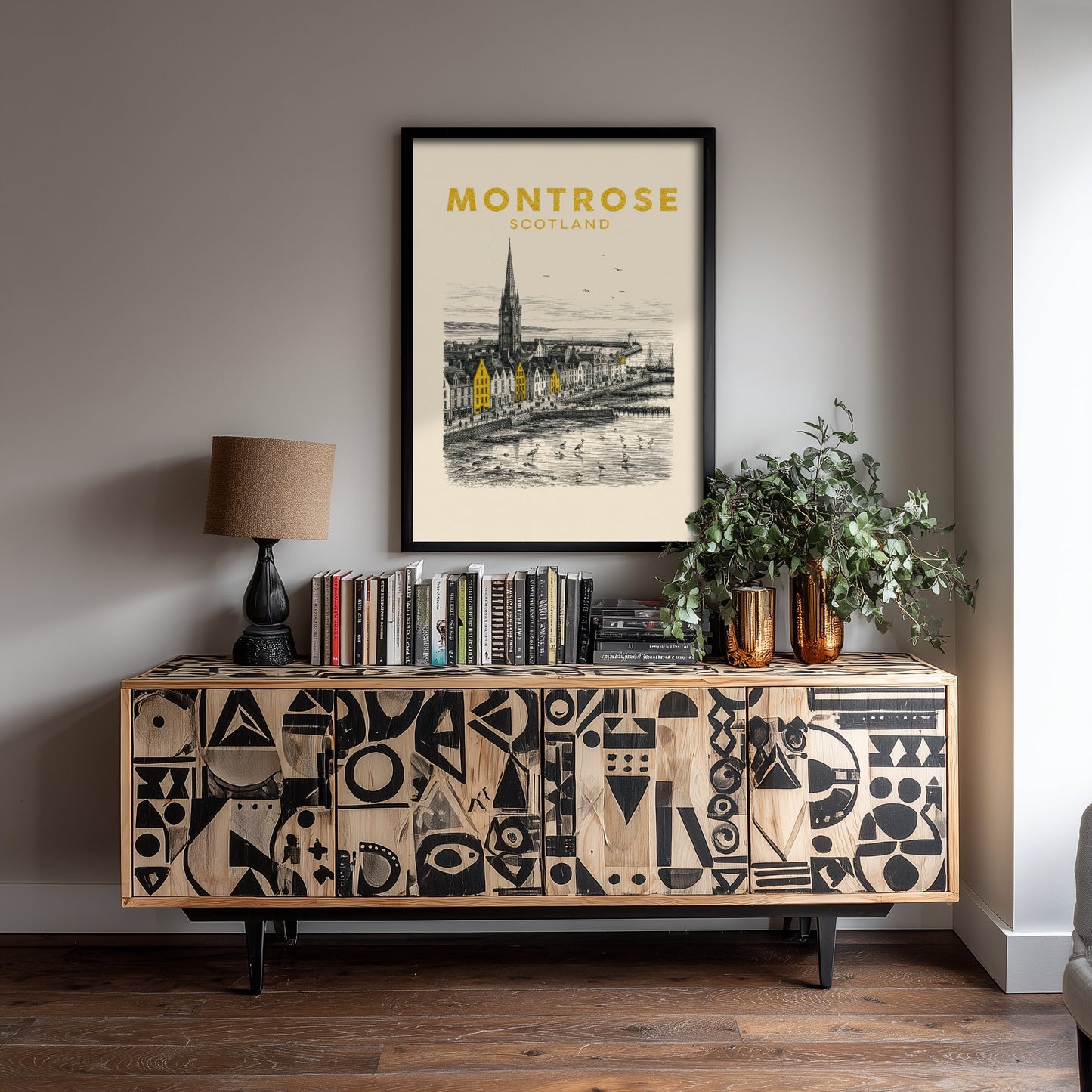 Montrose Scotland Travel Poster - Vintage Duotone Art Print - Engraved City Illustration - Steeple and Tidal Basin 1/3