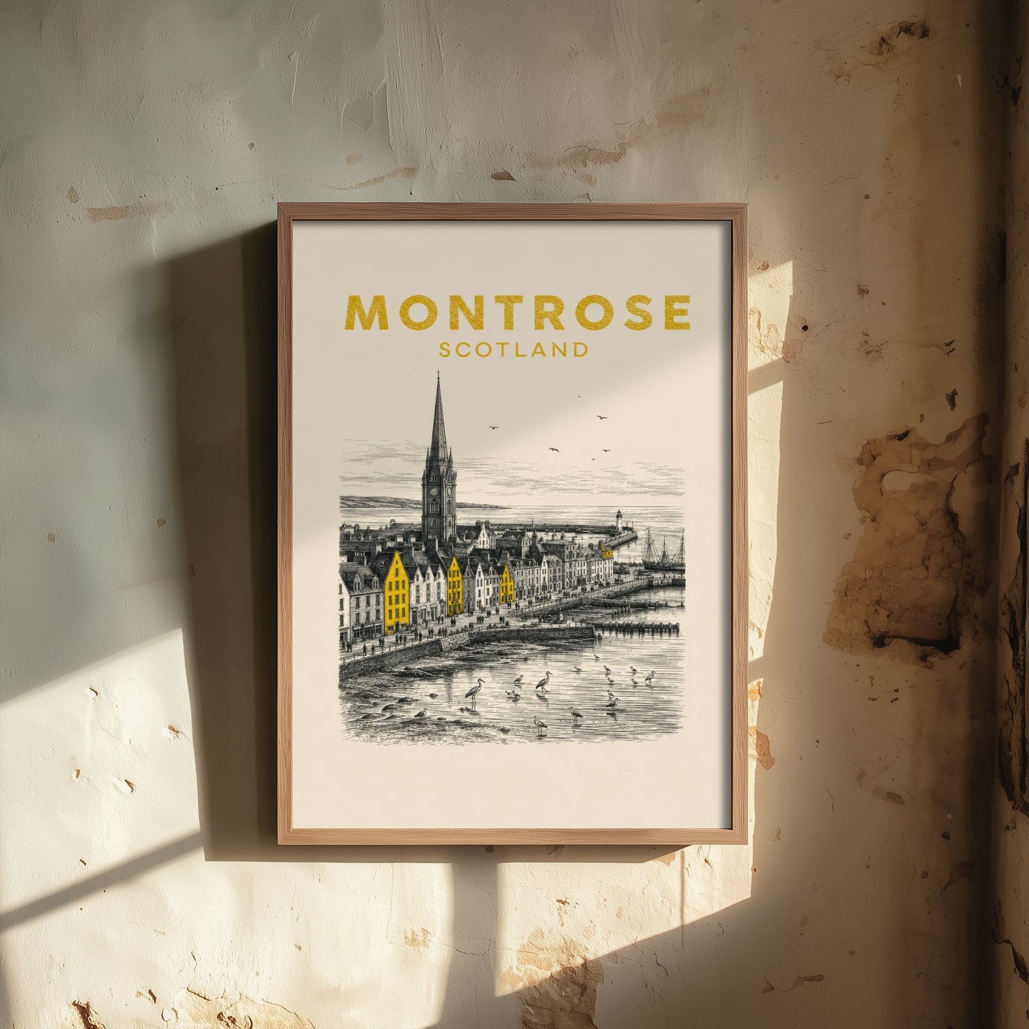 Montrose Scotland Travel Poster - Vintage Duotone Art Print - Engraved City Illustration - Steeple and Tidal Basin 1/3