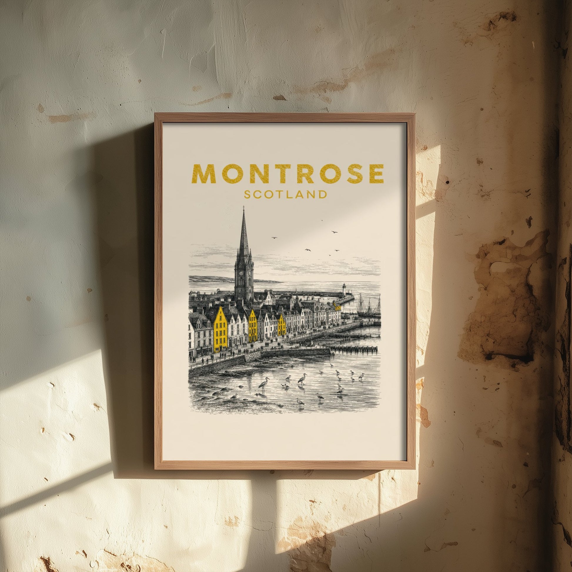 Montrose Scotland Travel Poster - Vintage Duotone Art Print - Engraved City Illustration - Steeple and Tidal Basin 1/3
