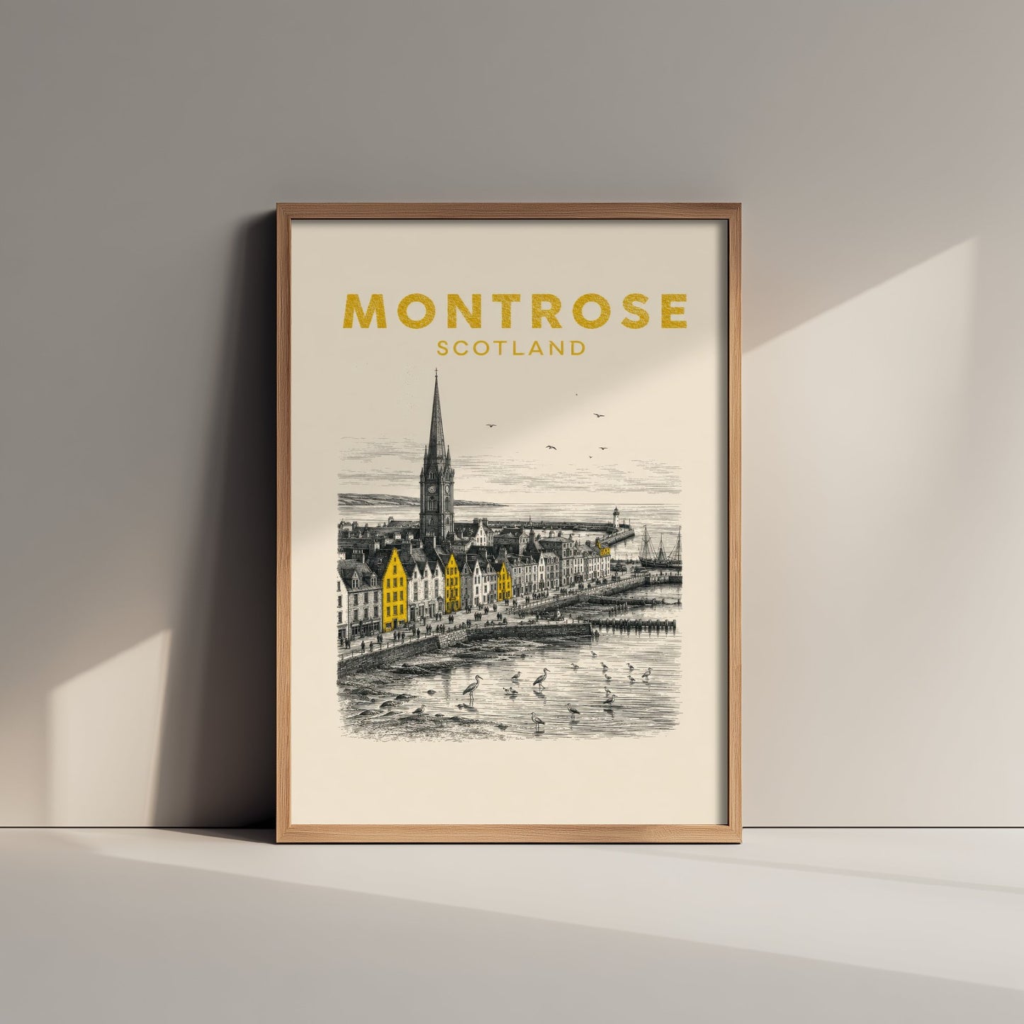 Montrose Scotland Travel Poster - Vintage Duotone Art Print - Engraved City Illustration - Steeple and Tidal Basin 1/3
