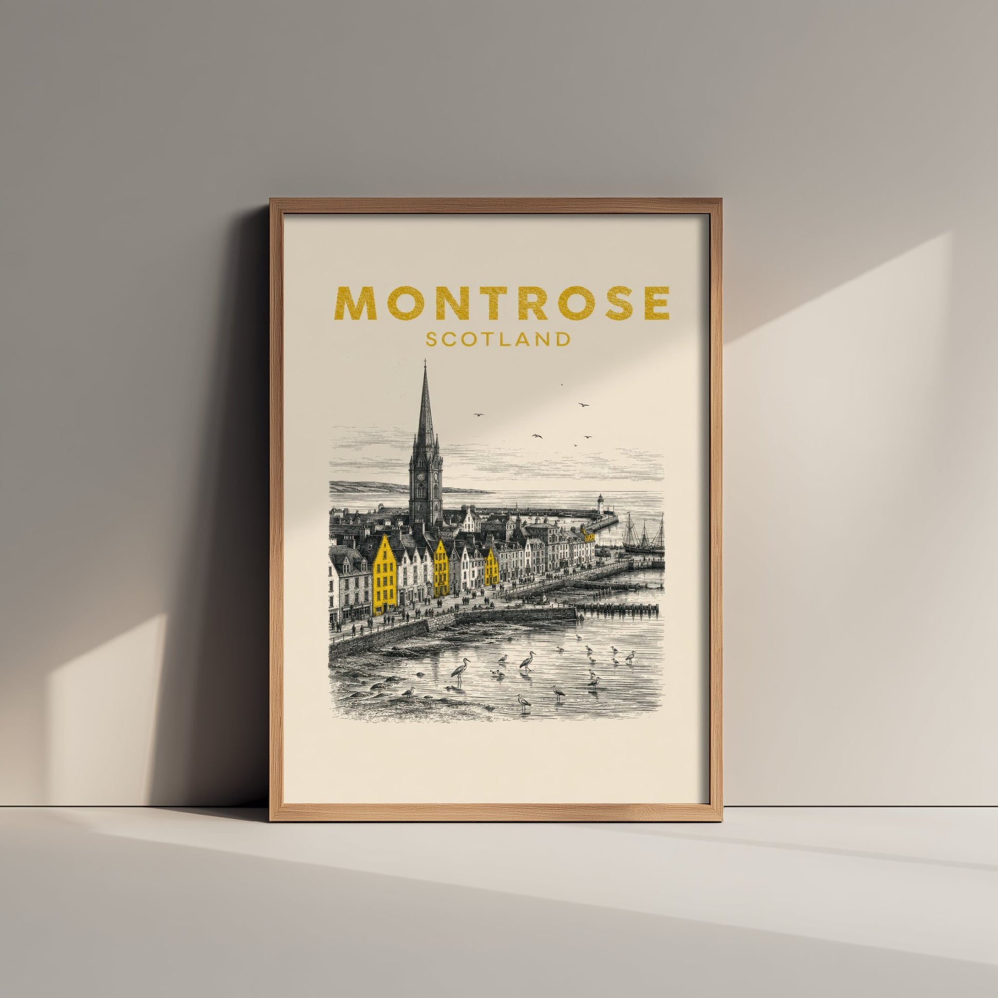 Montrose Scotland Travel Poster - Vintage Duotone Art Print - Engraved City Illustration - Steeple and Tidal Basin 1/3