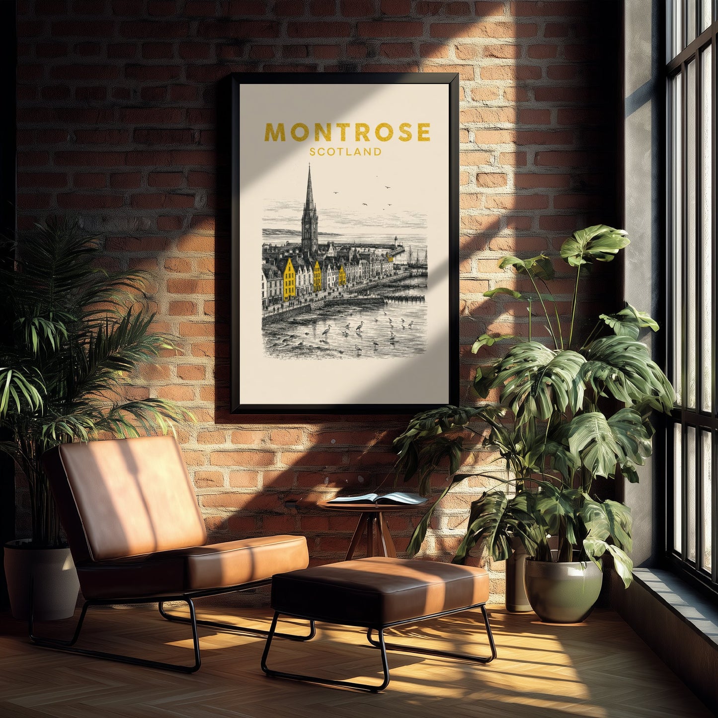 Montrose Scotland Travel Poster - Vintage Duotone Art Print - Engraved City Illustration - Steeple and Tidal Basin 1/3