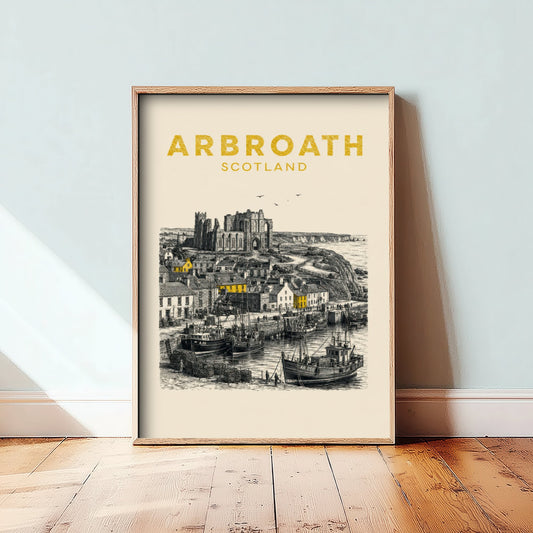 Arbroath Scotland Travel Poster - Vintage Duotone Art Print - Engraved City Illustration - Abbey and Harbour 2/3