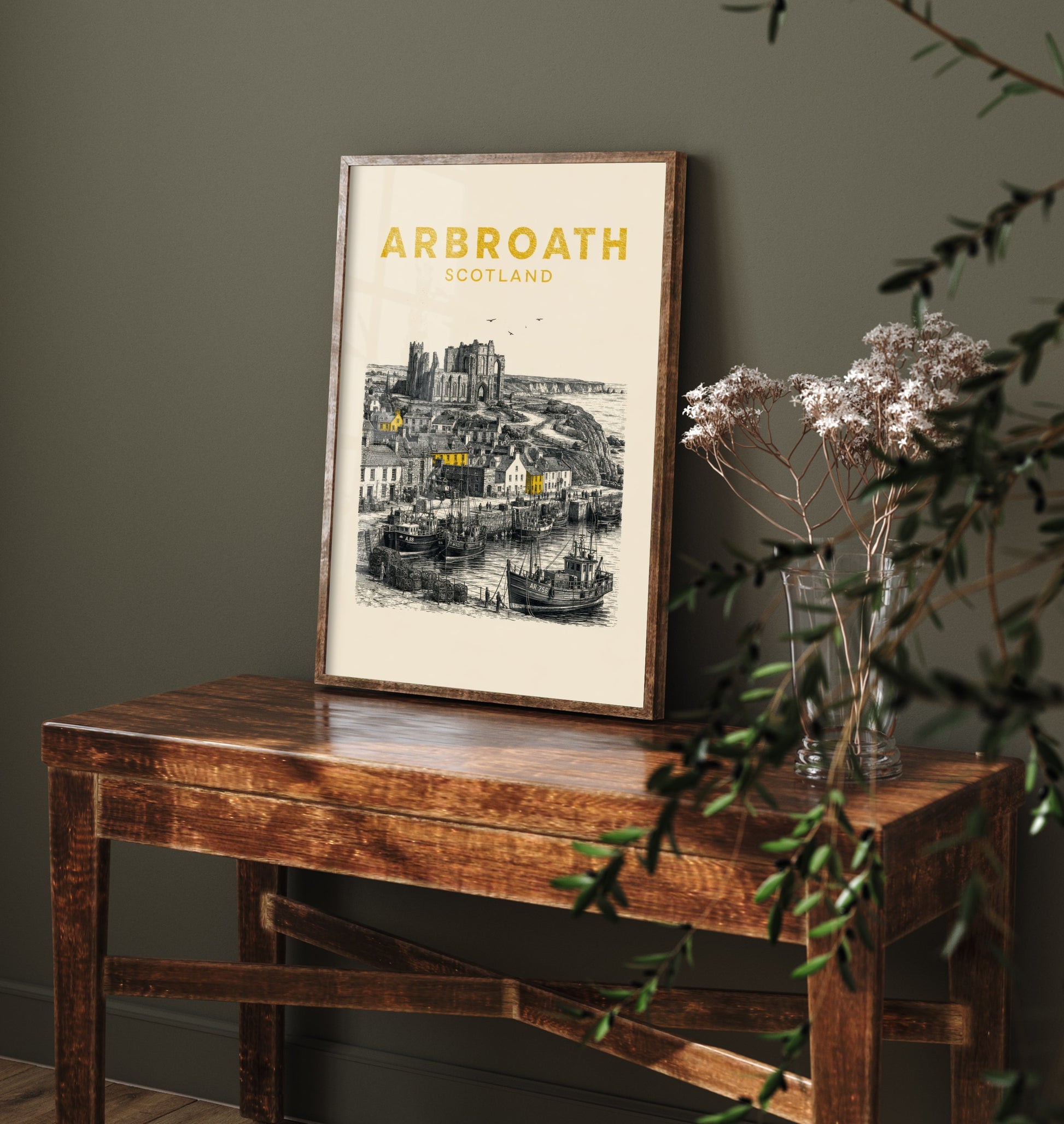 Arbroath Scotland Travel Poster - Vintage Duotone Art Print - Engraved City Illustration - Abbey and Harbour 2/3