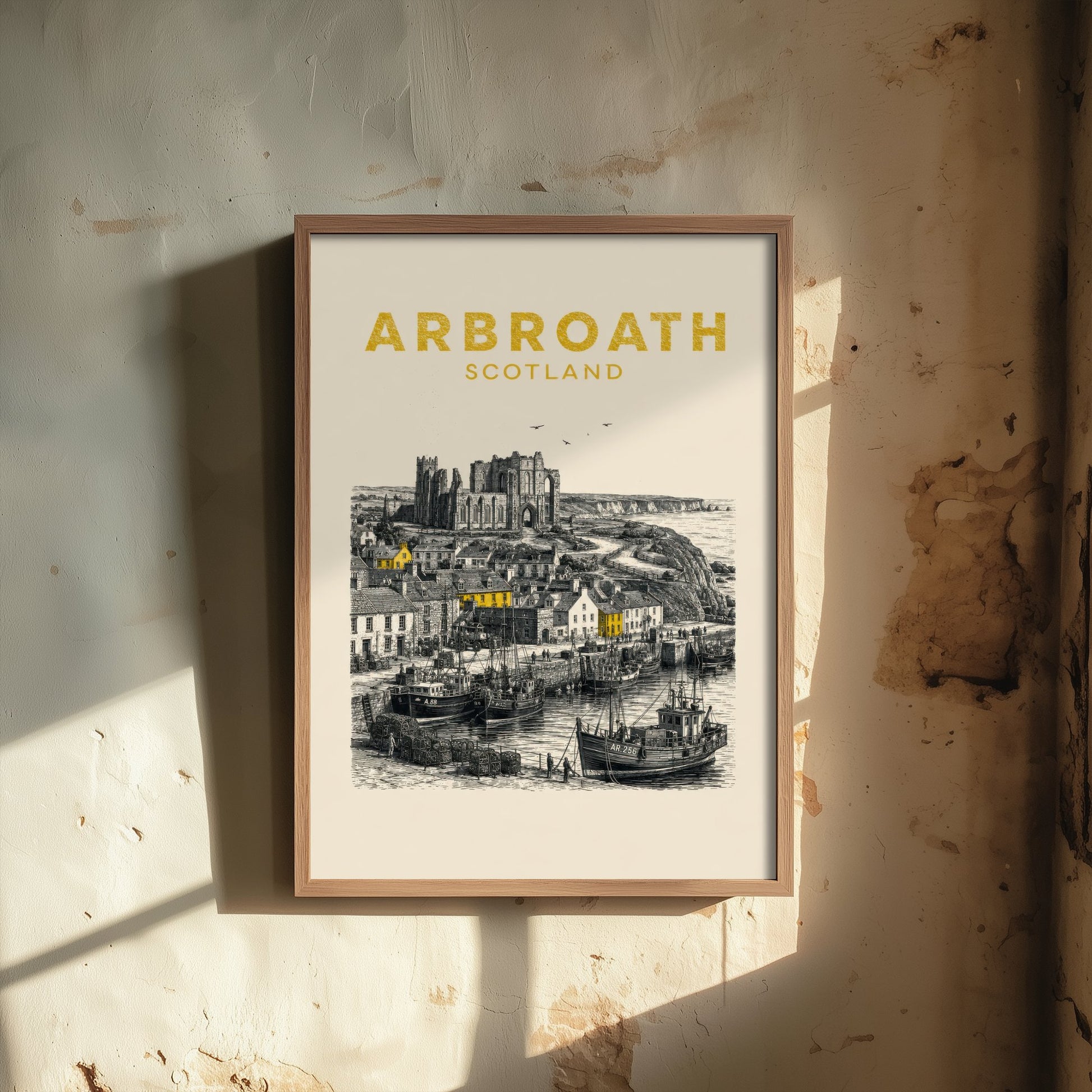 Arbroath Scotland Travel Poster - Vintage Duotone Art Print - Engraved City Illustration - Abbey and Harbour 2/3