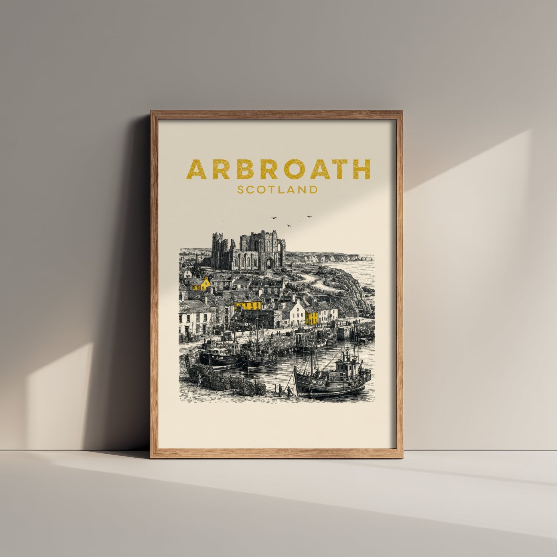 Arbroath Scotland Travel Poster - Vintage Duotone Art Print - Engraved City Illustration - Abbey and Harbour 2/3