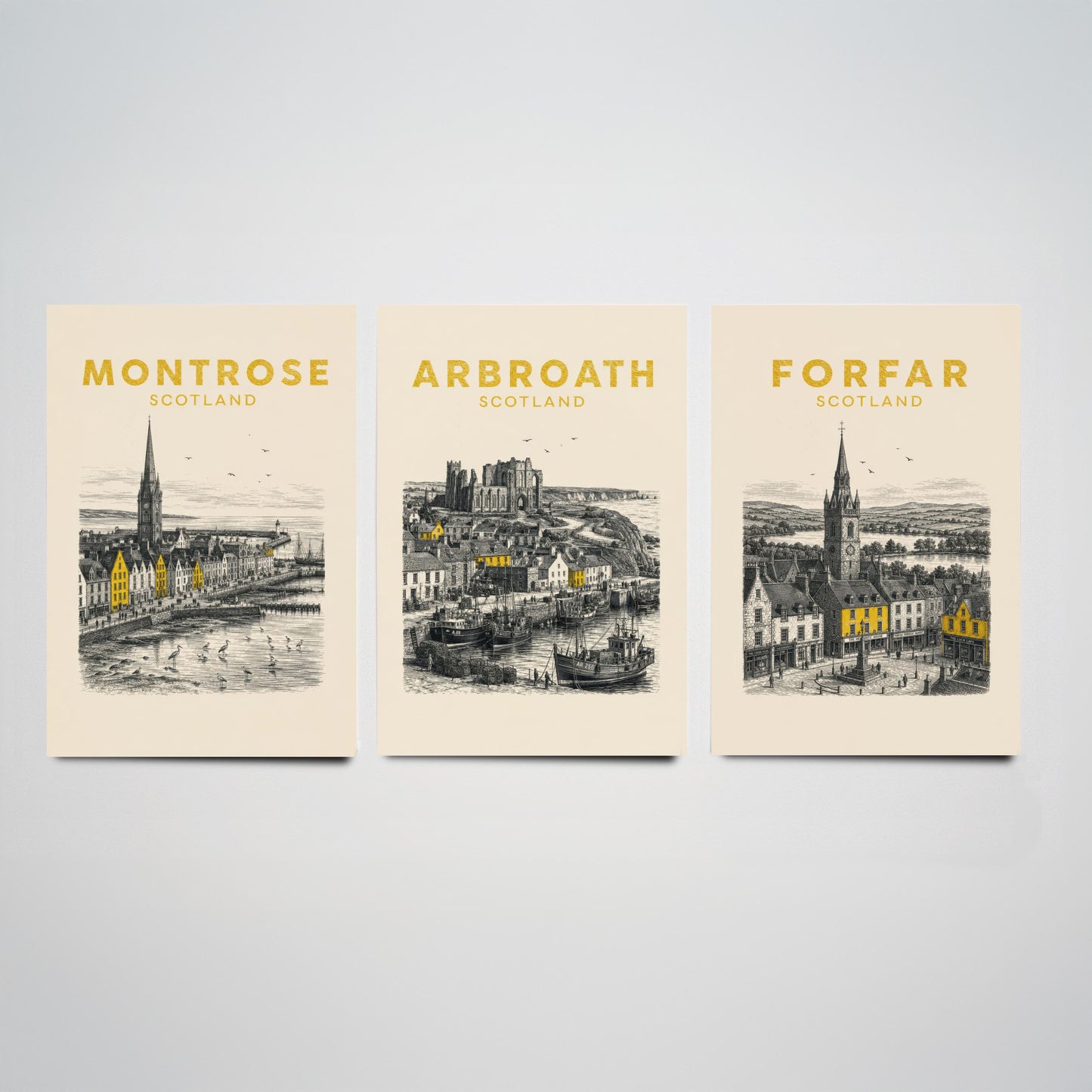 Set of Three Angus Travel Posters - Montrose, Arbroath, Forfar - Vintage Duotone Art Prints - Scotland Illustration Gift