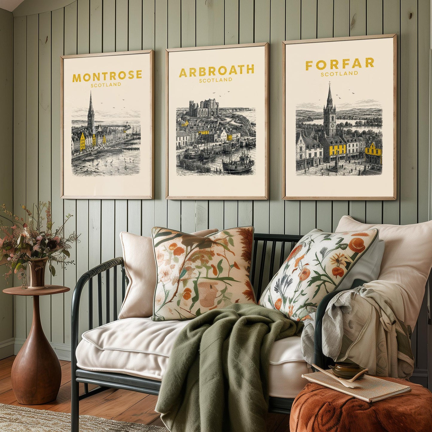 Set of Three Angus Travel Posters - Montrose, Arbroath, Forfar - Vintage Duotone Art Prints - Scotland Illustration Gift