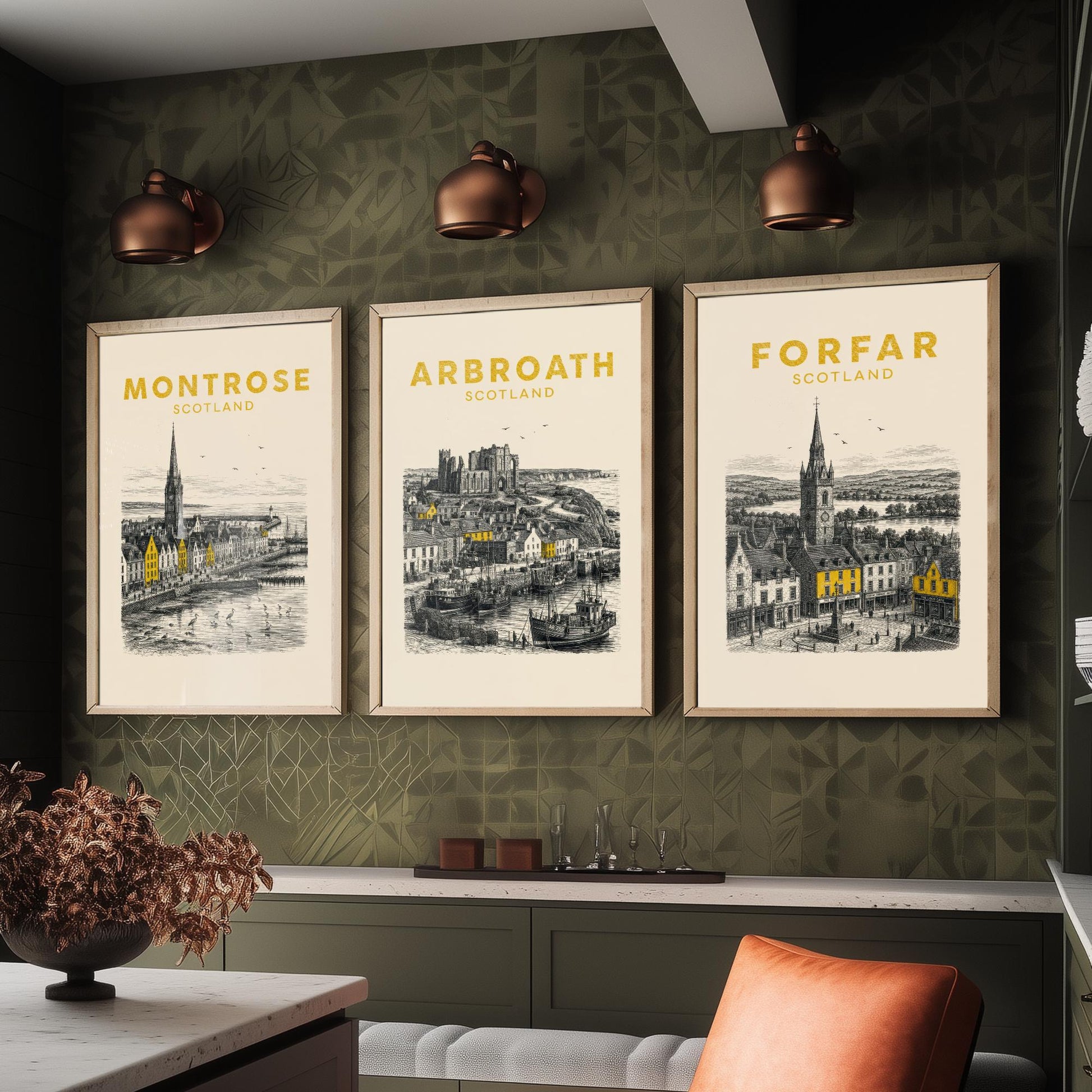 Set of Three Angus Travel Posters - Montrose, Arbroath, Forfar - Vintage Duotone Art Prints - Scotland Illustration Gift