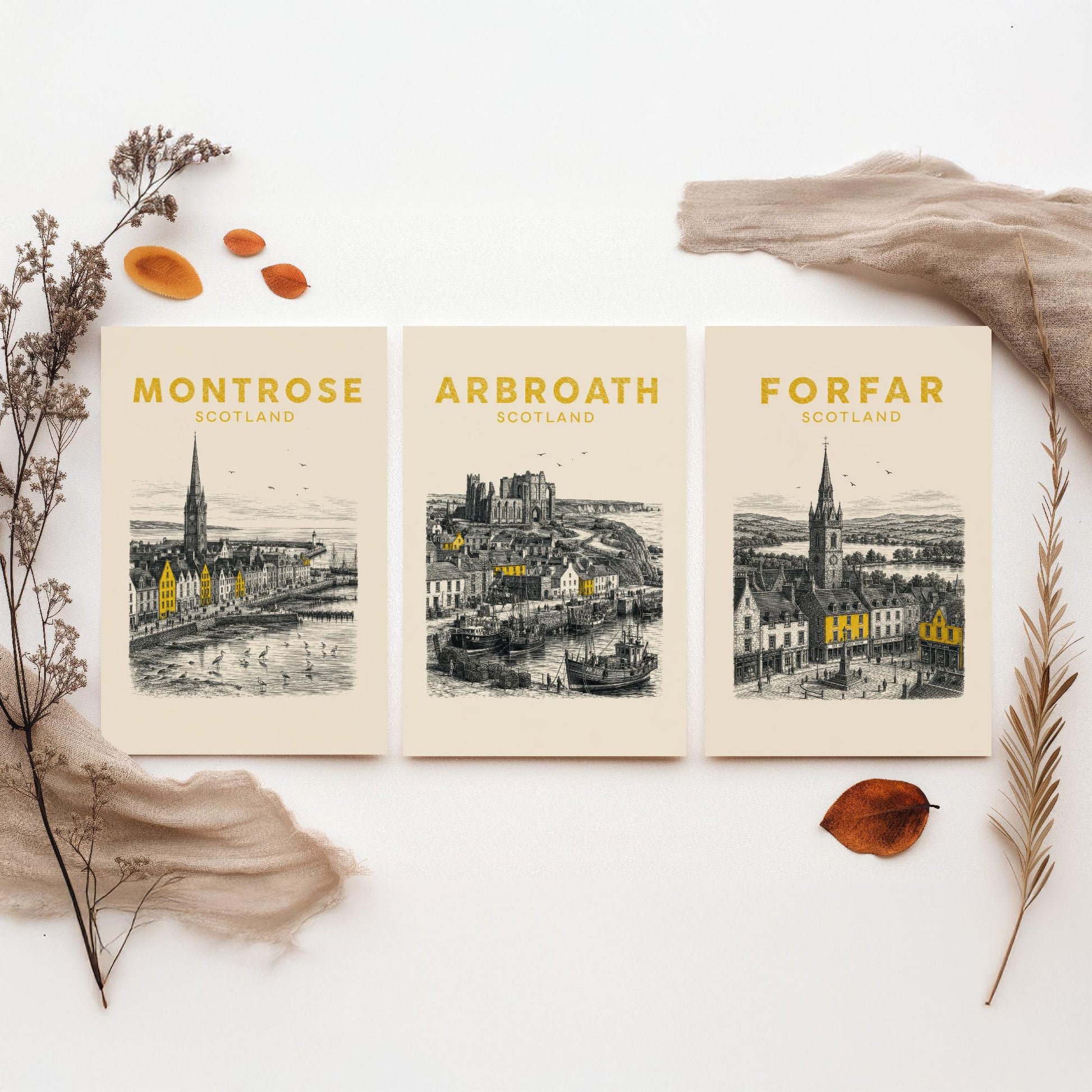 Set of Three Angus Travel Posters - Montrose, Arbroath, Forfar - Vintage Duotone Art Prints - Scotland Illustration Gift