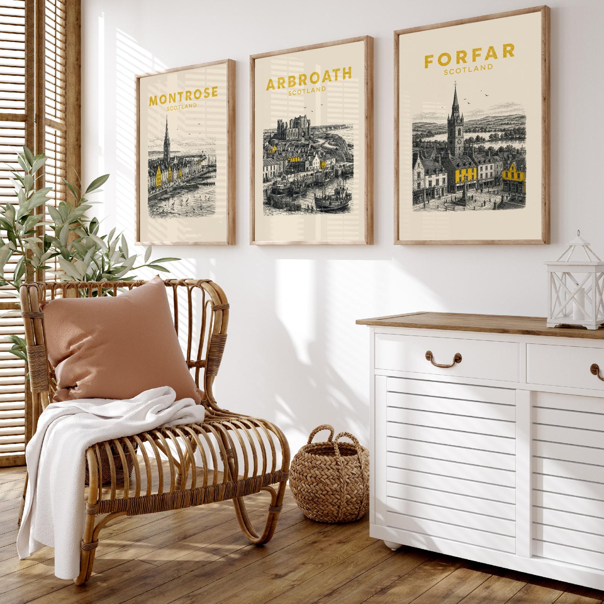 Set of Three Angus Travel Posters - Montrose, Arbroath, Forfar - Vintage Duotone Art Prints - Scotland Illustration Gift