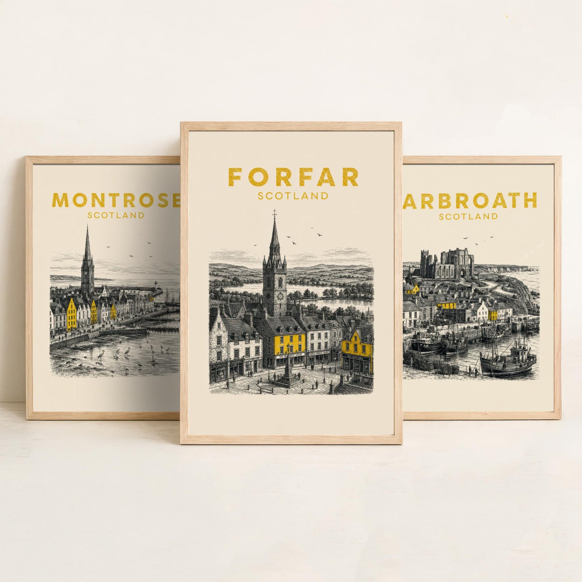 Set of Three Angus Travel Posters - Montrose, Arbroath, Forfar - Vintage Duotone Art Prints - Scotland Illustration Gift