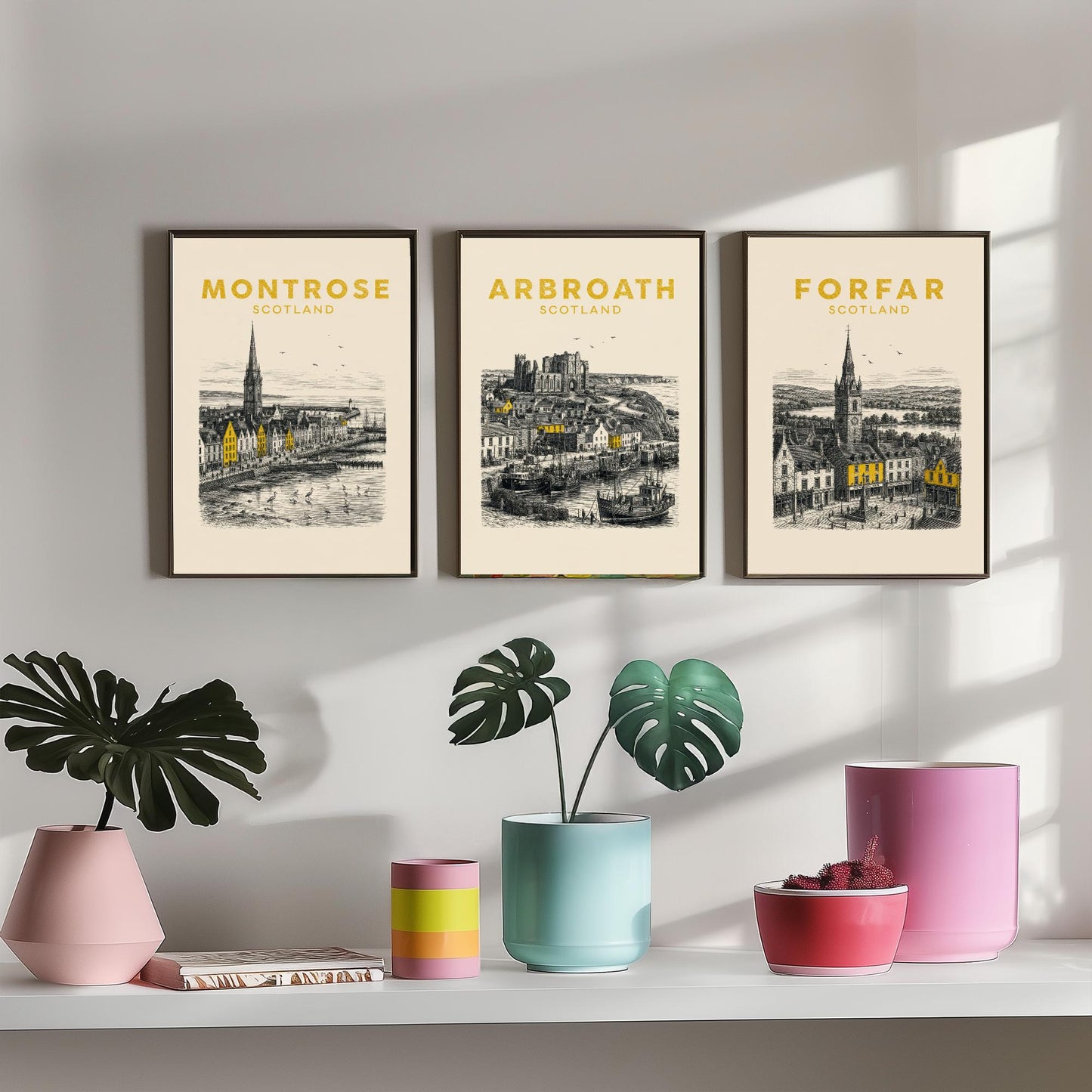 Set of Three Angus Travel Posters - Montrose, Arbroath, Forfar - Vintage Duotone Art Prints - Scotland Illustration Gift