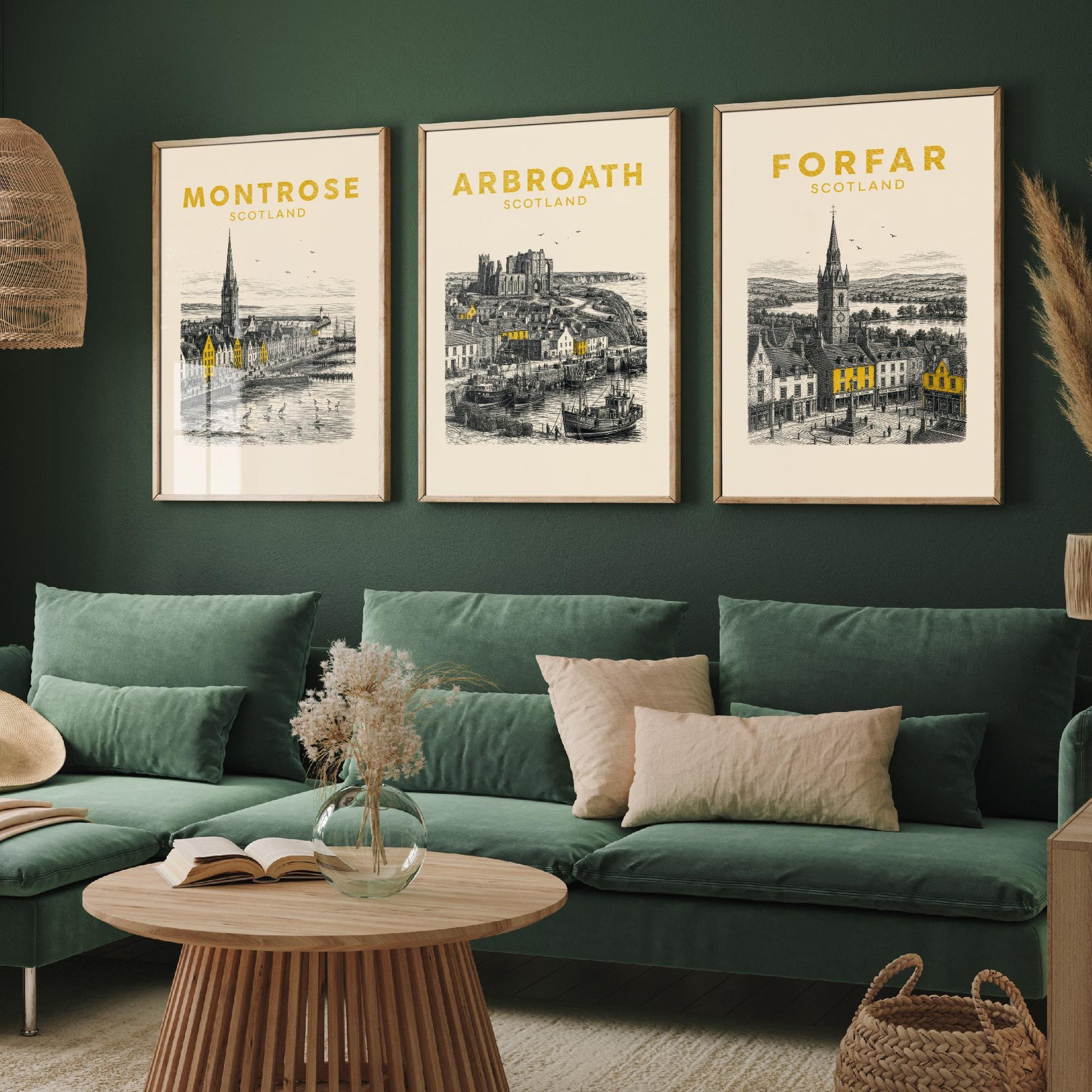 Set of Three Angus Travel Posters - Montrose, Arbroath, Forfar - Vintage Duotone Art Prints - Scotland Illustration Gift
