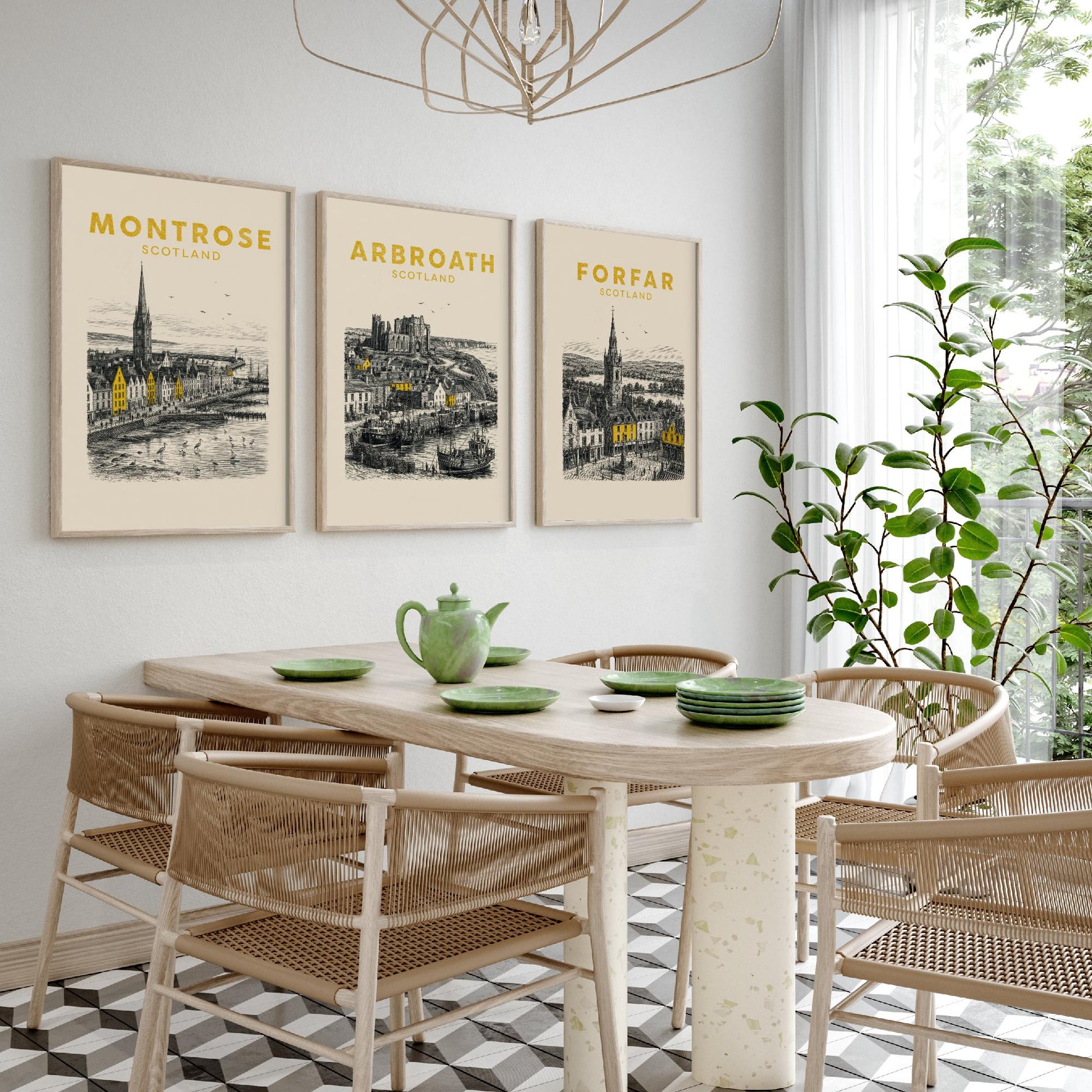 Set of Three Angus Travel Posters - Montrose, Arbroath, Forfar - Vintage Duotone Art Prints - Scotland Illustration Gift