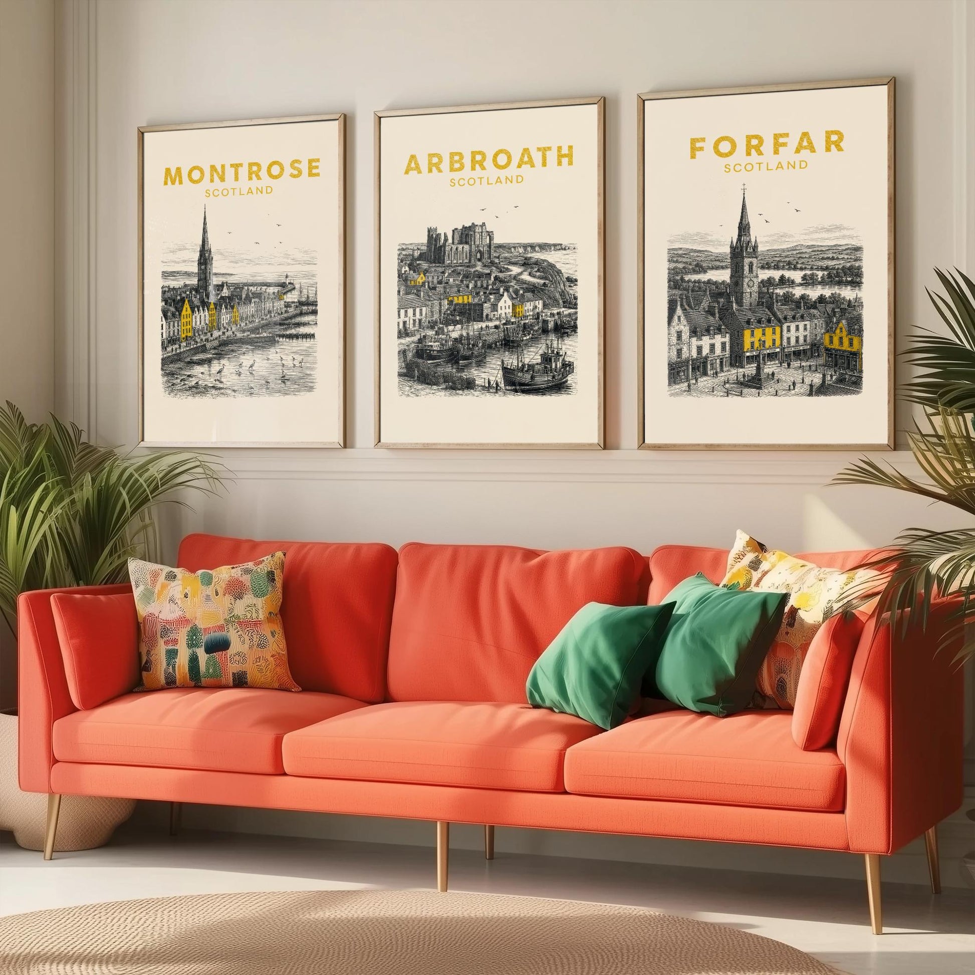 Set of Three Angus Travel Posters - Montrose, Arbroath, Forfar - Vintage Duotone Art Prints - Scotland Illustration Gift