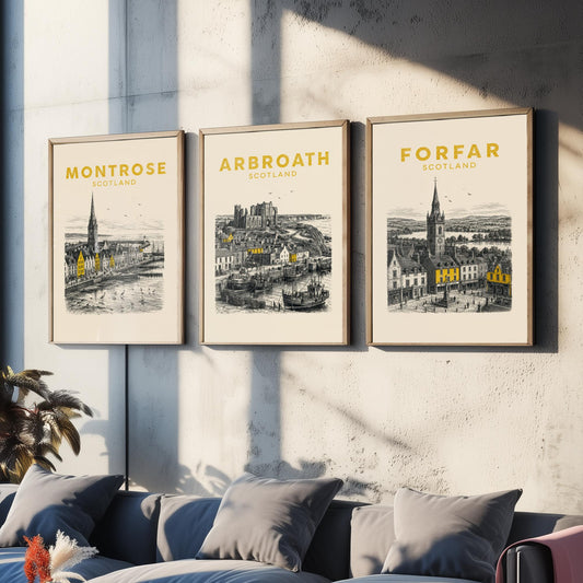 Set of Three Angus Travel Posters - Montrose, Arbroath, Forfar - Vintage Duotone Art Prints - Scotland Illustration Gift