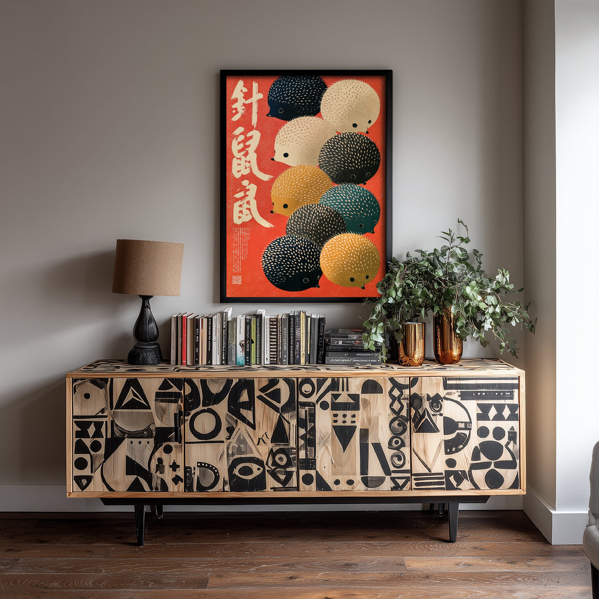 Hedgehog Crowd Japanese Art Print - Brush Kanji Calligraphy Poster - Showa Era Style Illustration - Harinezumi on Scarlet