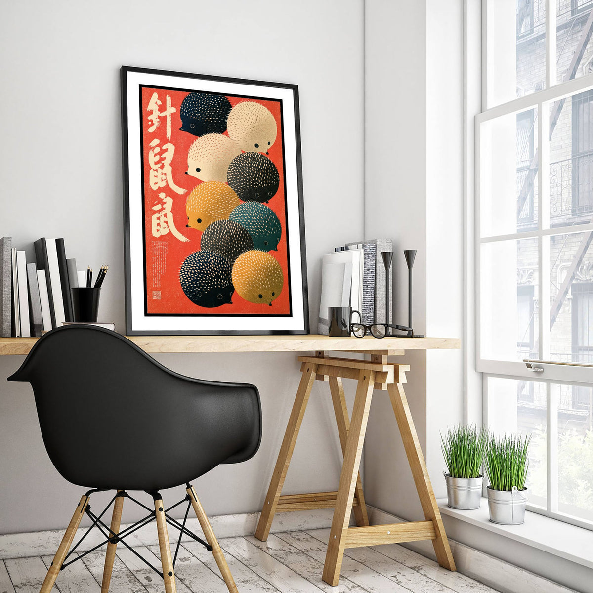 Hedgehog Crowd Japanese Art Print - Brush Kanji Calligraphy Poster - Showa Era Style Illustration - Harinezumi on Scarlet