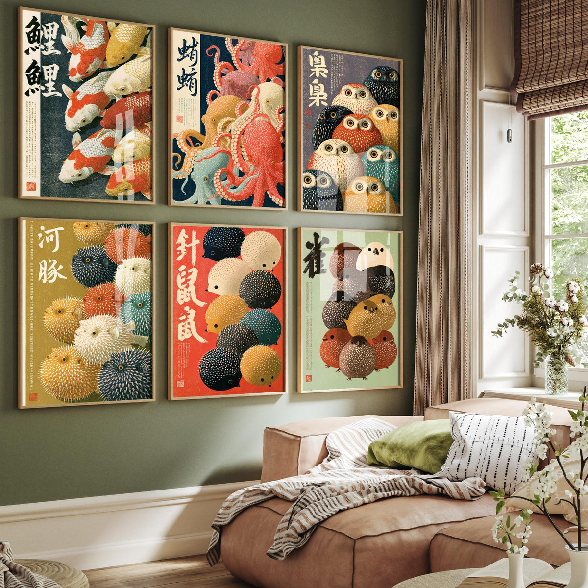 Set of Six Japanese Animal Crowd Art Prints - 6 Kanji Calligraphy Posters - Koi, Octopus, Owl, Pufferfish, Hedgehog, Sparrow Illustrations