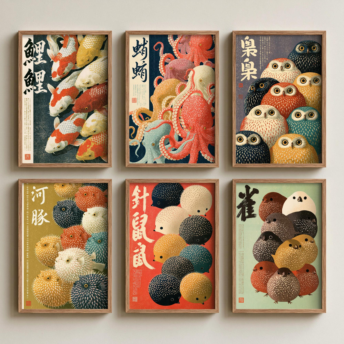 Set of Six Japanese Animal Crowd Art Prints - 6 Kanji Calligraphy Posters - Koi, Octopus, Owl, Pufferfish, Hedgehog, Sparrow Illustrations