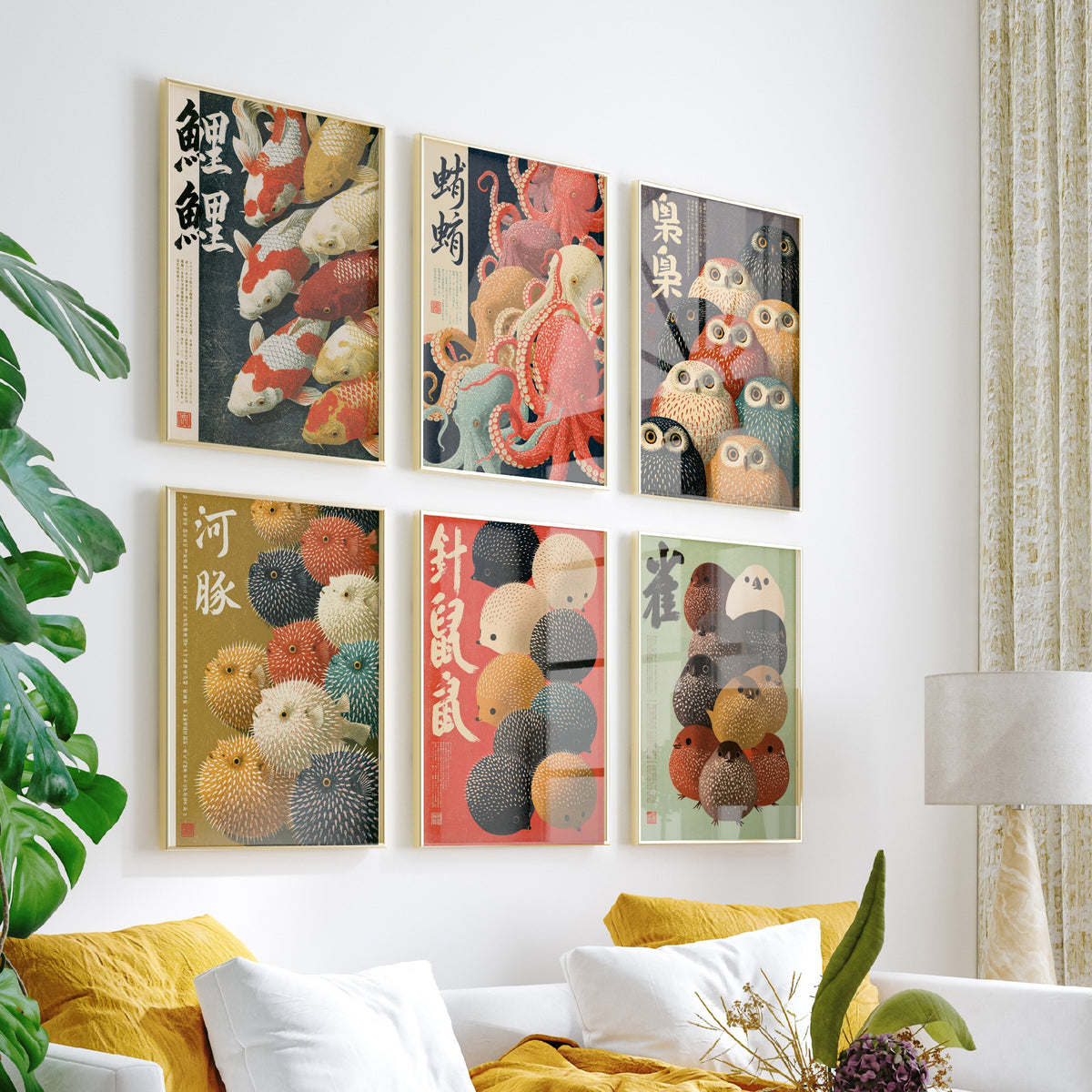 Set of Six Japanese Animal Crowd Art Prints - 6 Kanji Calligraphy Posters - Koi, Octopus, Owl, Pufferfish, Hedgehog, Sparrow Illustrations