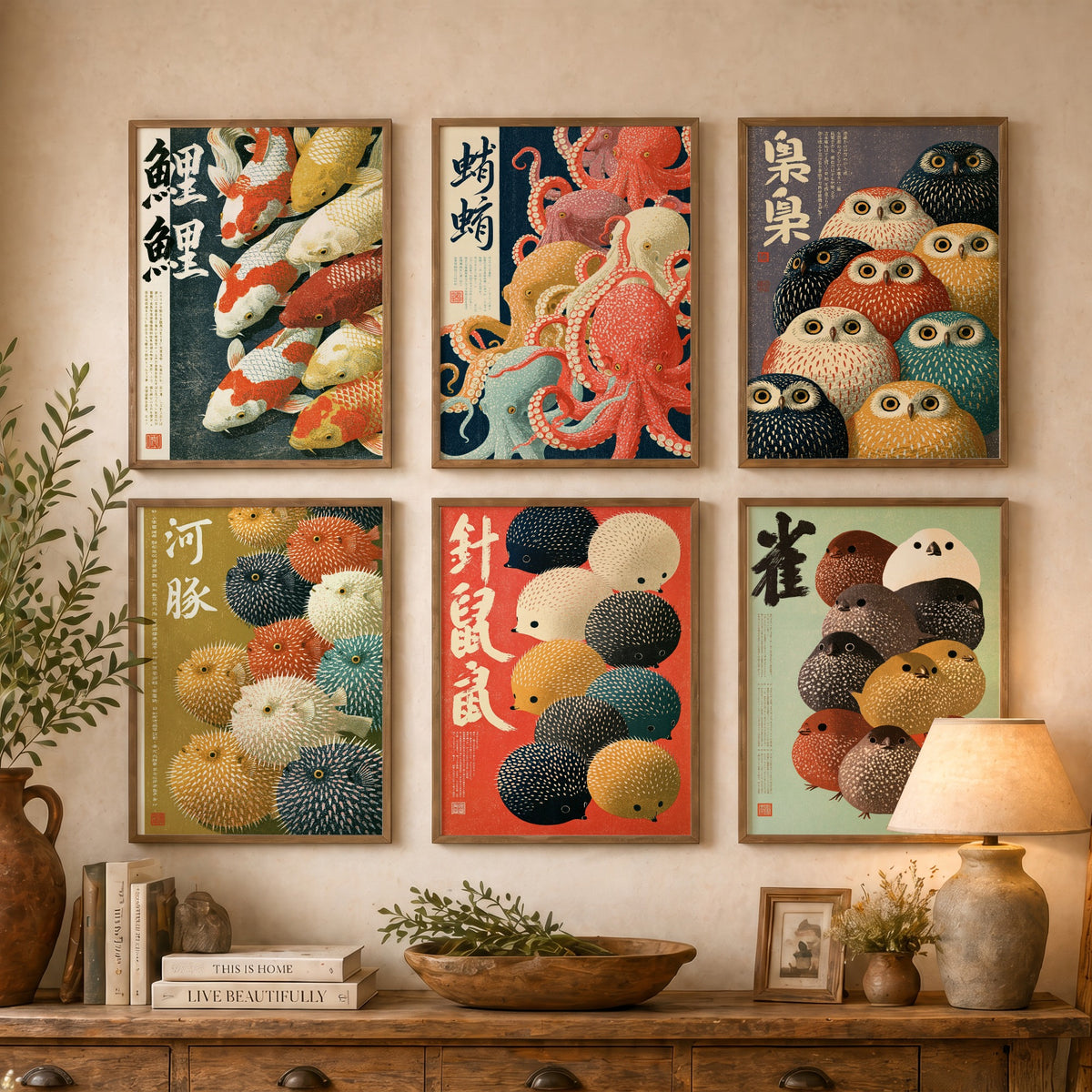 Set of Six Japanese Animal Crowd Art Prints - 6 Kanji Calligraphy Posters - Koi, Octopus, Owl, Pufferfish, Hedgehog, Sparrow Illustrations