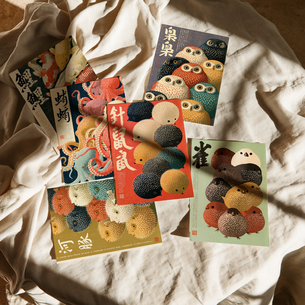 Set of Six Japanese Animal Crowd Art Prints - 6 Kanji Calligraphy Posters - Koi, Octopus, Owl, Pufferfish, Hedgehog, Sparrow Illustrations