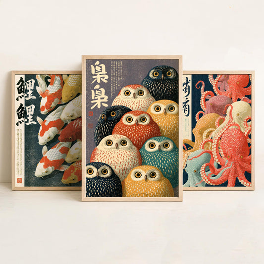 Koi, Octopus and Owl Set of Three Art Prints - Japanese Animal Crowd Posters with Kanji Calligraphy - Showa Style Illustrations V1