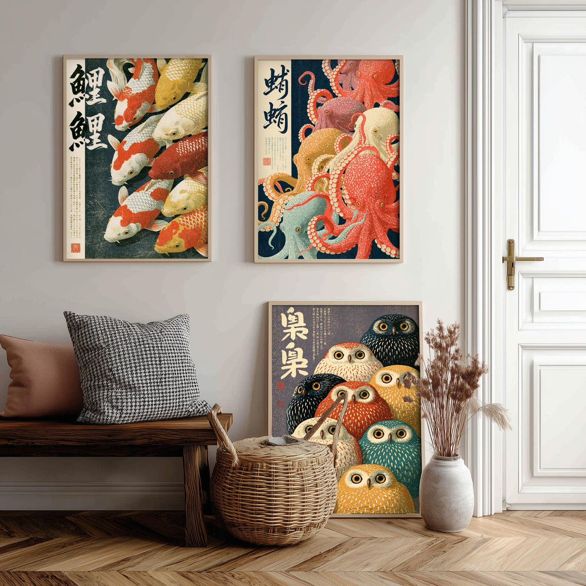Koi, Octopus and Owl Set of Three Art Prints - Japanese Animal Crowd Posters with Kanji Calligraphy - Showa Style Illustrations V1