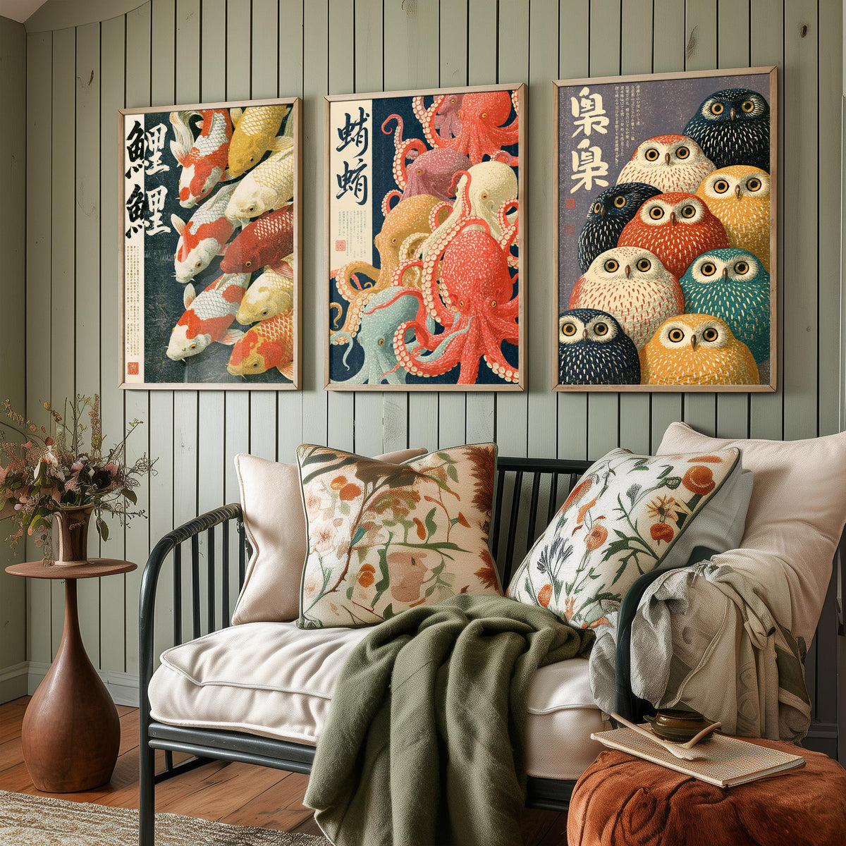 Koi, Octopus and Owl Set of Three Art Prints - Japanese Animal Crowd Posters with Kanji Calligraphy - Showa Style Illustrations V1