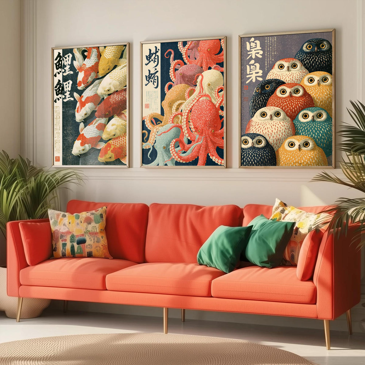 Koi, Octopus and Owl Set of Three Art Prints - Japanese Animal Crowd Posters with Kanji Calligraphy - Showa Style Illustrations V1
