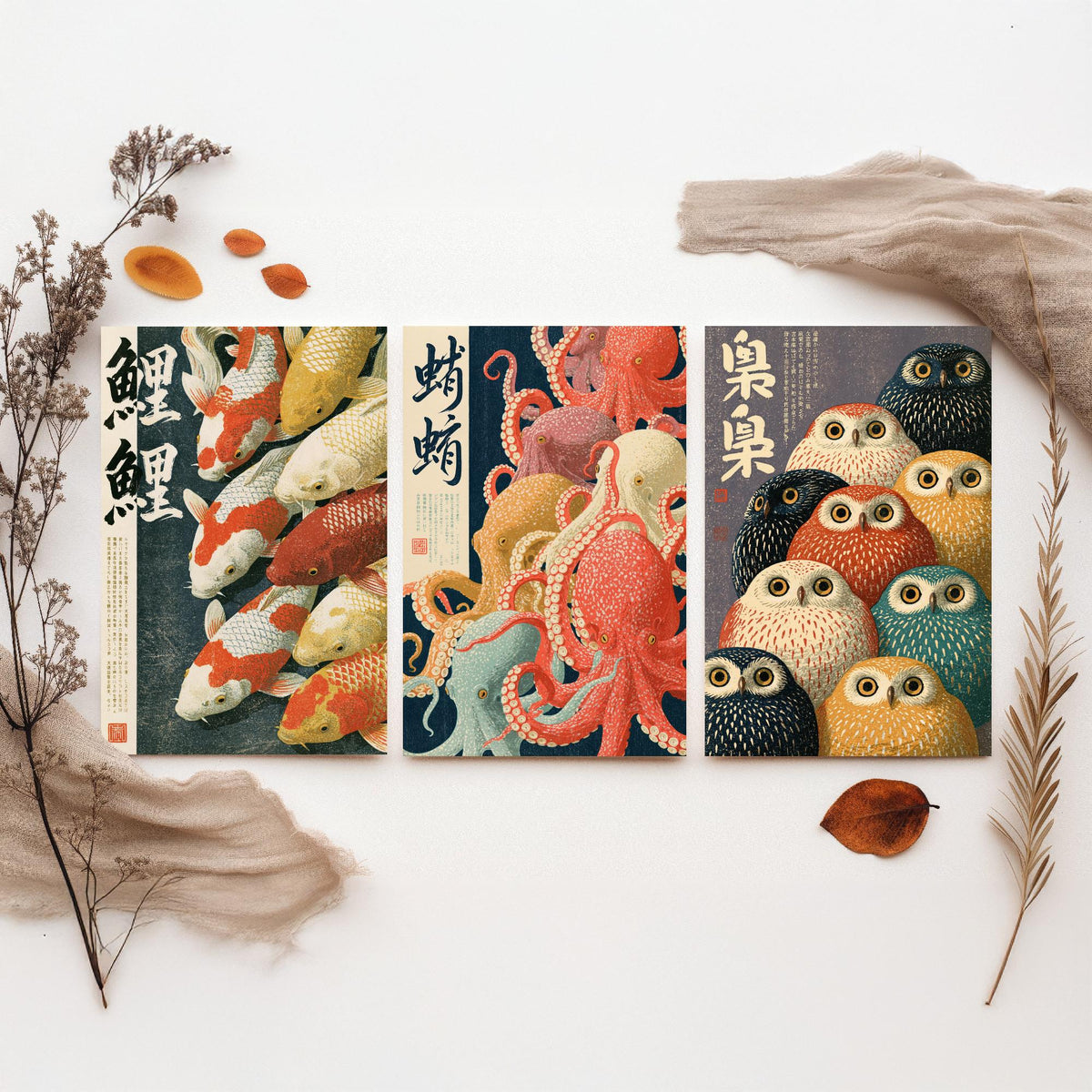 Koi, Octopus and Owl Set of Three Art Prints - Japanese Animal Crowd Posters with Kanji Calligraphy - Showa Style Illustrations V1