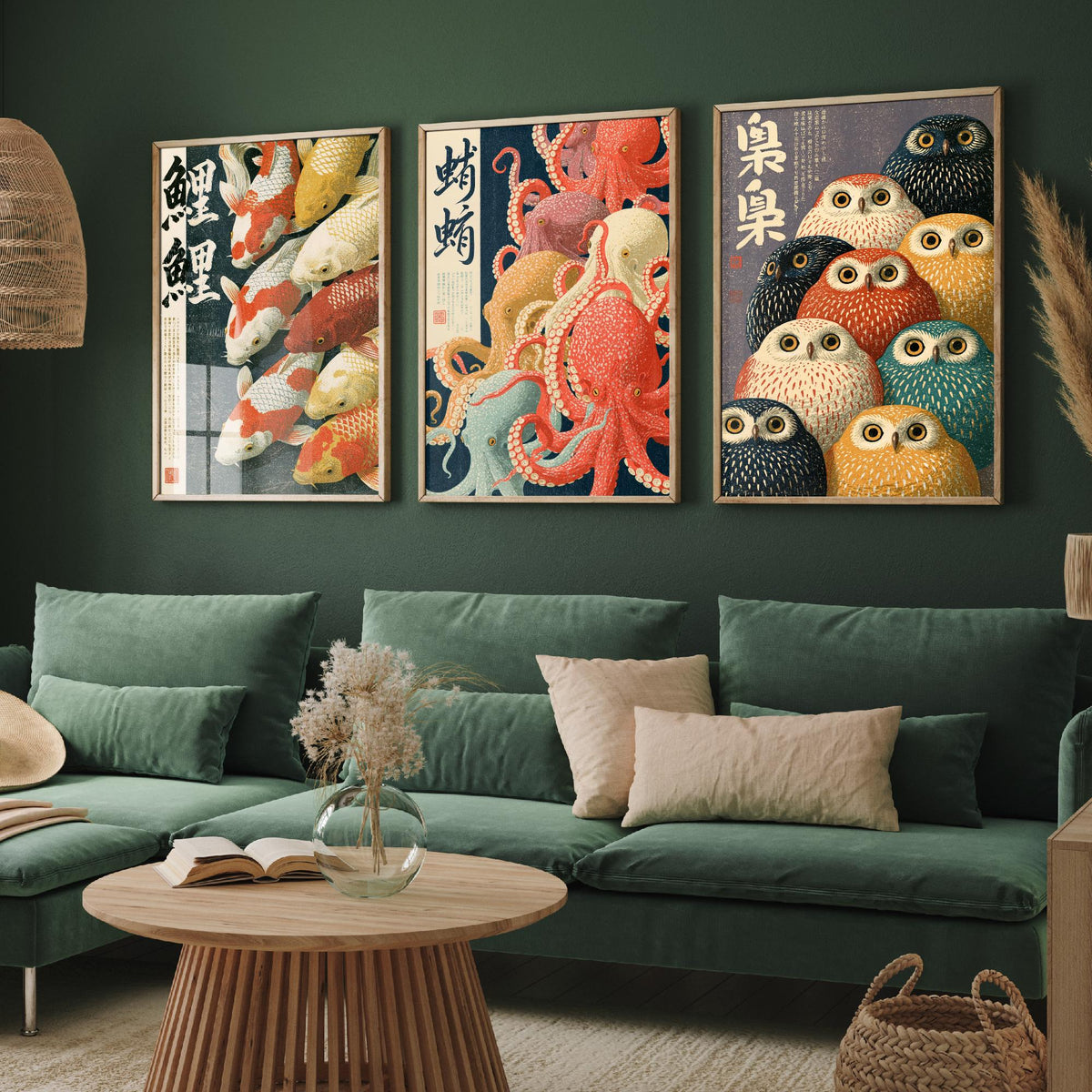 Koi, Octopus and Owl Set of Three Art Prints - Japanese Animal Crowd Posters with Kanji Calligraphy - Showa Style Illustrations V1