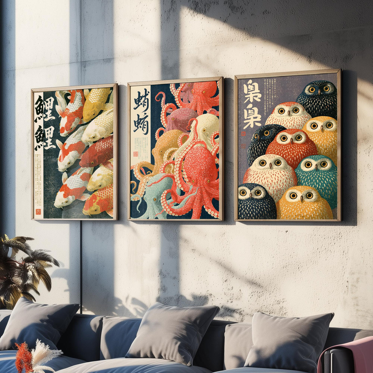 Koi, Octopus and Owl Set of Three Art Prints - Japanese Animal Crowd Posters with Kanji Calligraphy - Showa Style Illustrations V1