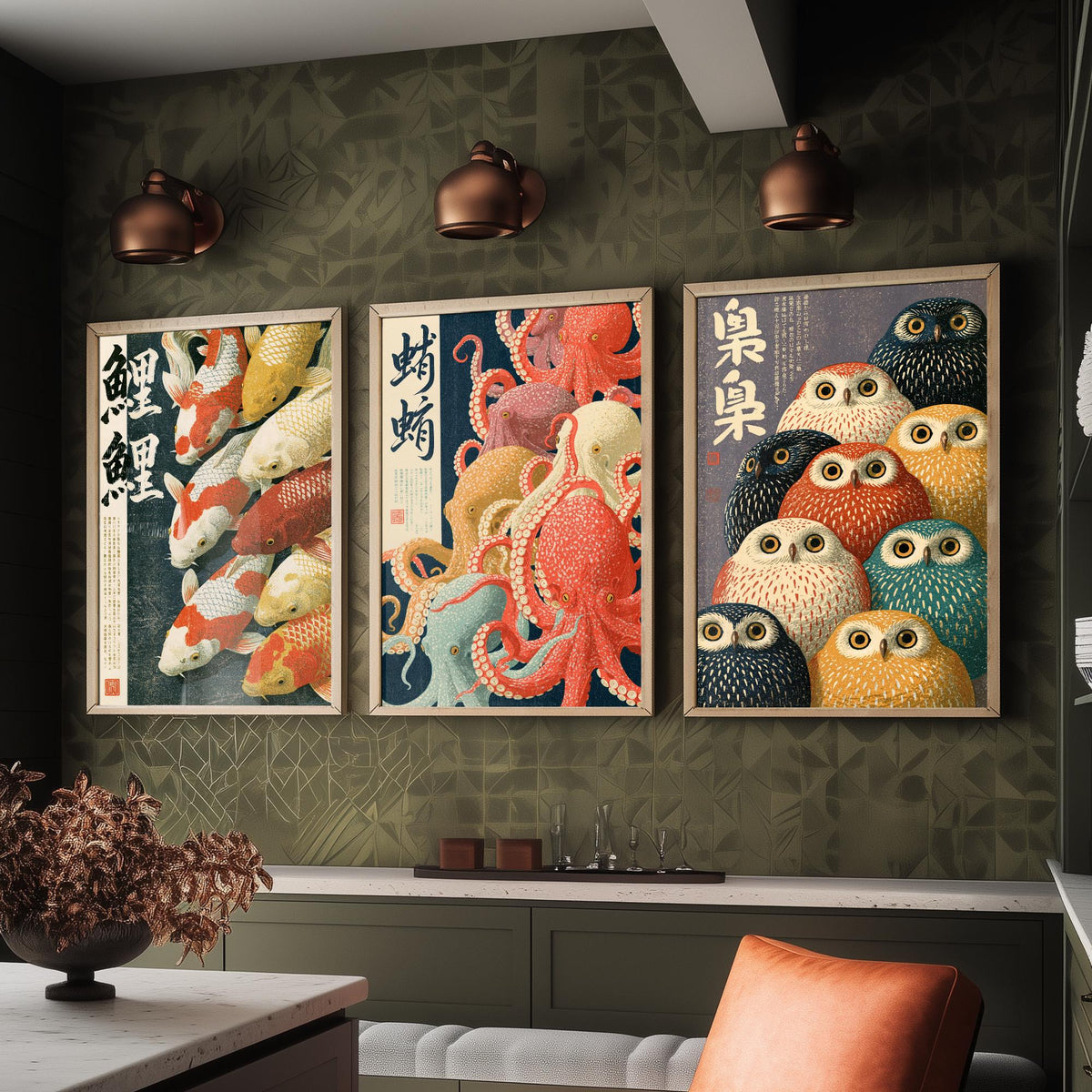 Koi, Octopus and Owl Set of Three Art Prints - Japanese Animal Crowd Posters with Kanji Calligraphy - Showa Style Illustrations V1