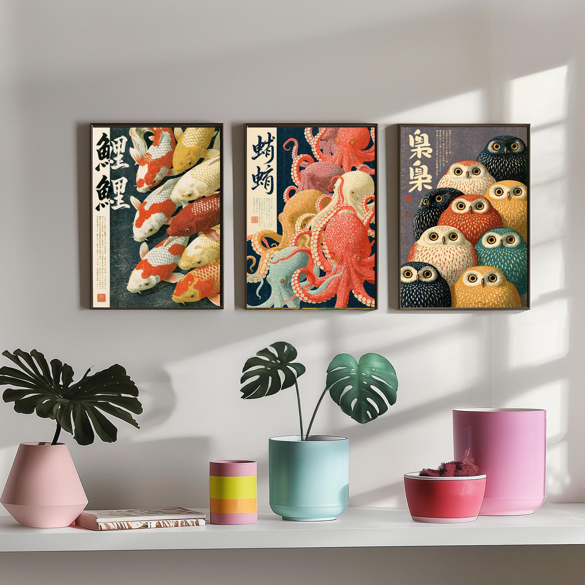 Koi, Octopus and Owl Set of Three Art Prints - Japanese Animal Crowd Posters with Kanji Calligraphy - Showa Style Illustrations V1