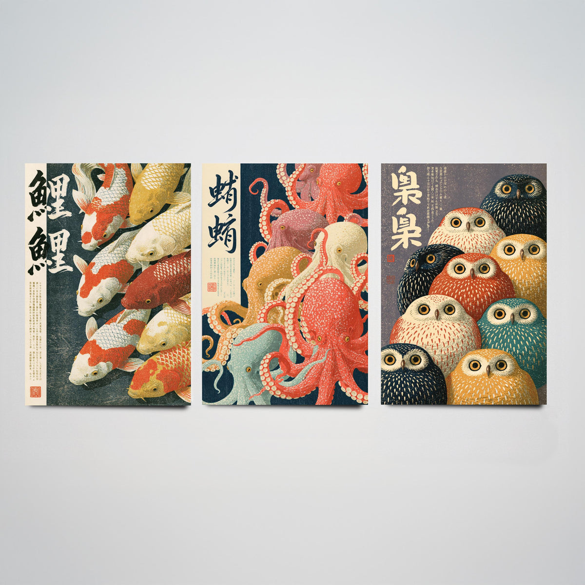 Koi, Octopus and Owl Set of Three Art Prints - Japanese Animal Crowd Posters with Kanji Calligraphy - Showa Style Illustrations V1