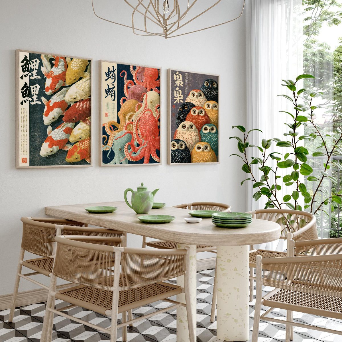 Koi, Octopus and Owl Set of Three Art Prints - Japanese Animal Crowd Posters with Kanji Calligraphy - Showa Style Illustrations V1